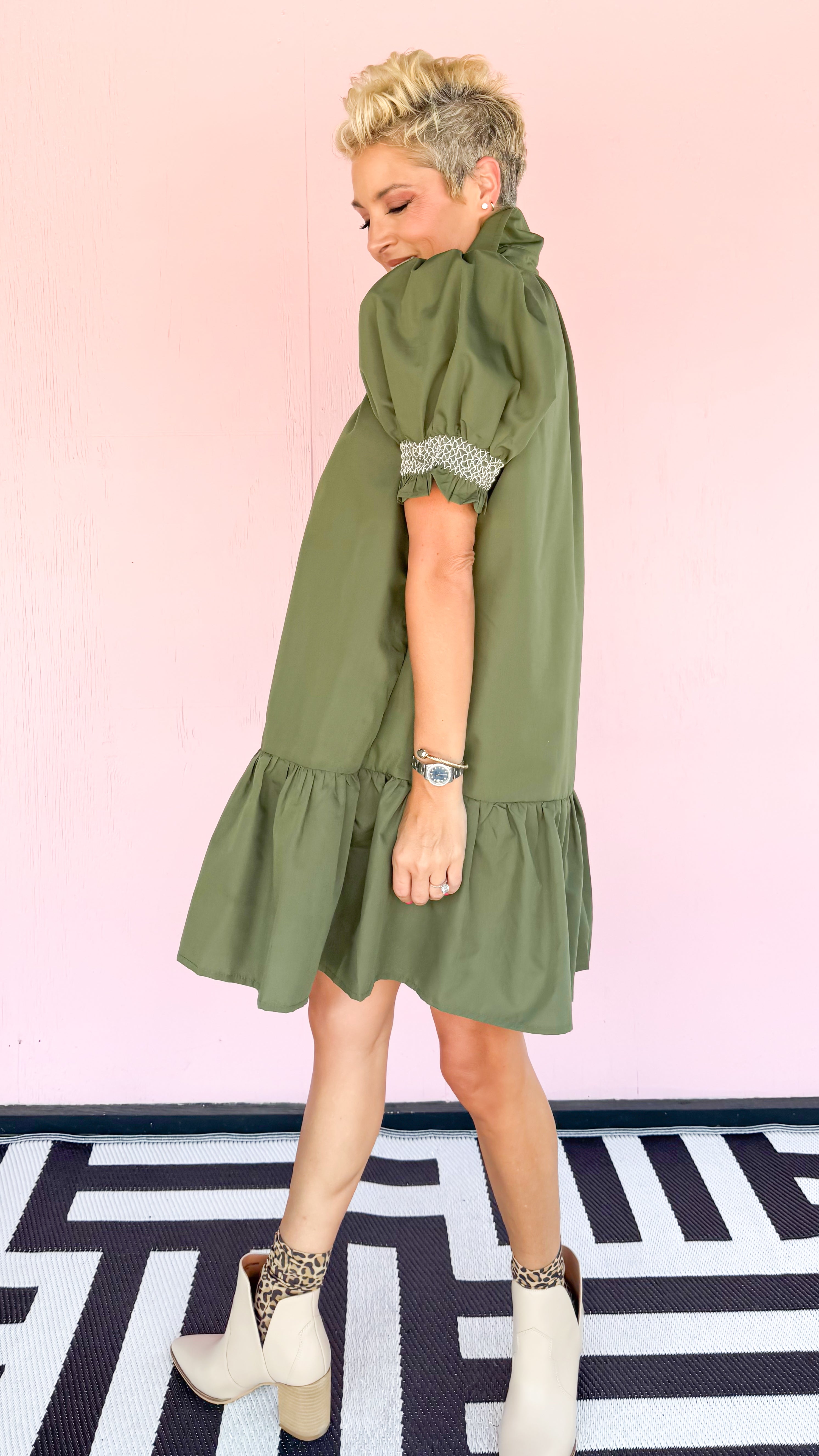 Adele Smocked Mini Dress/Olive - The BLVD