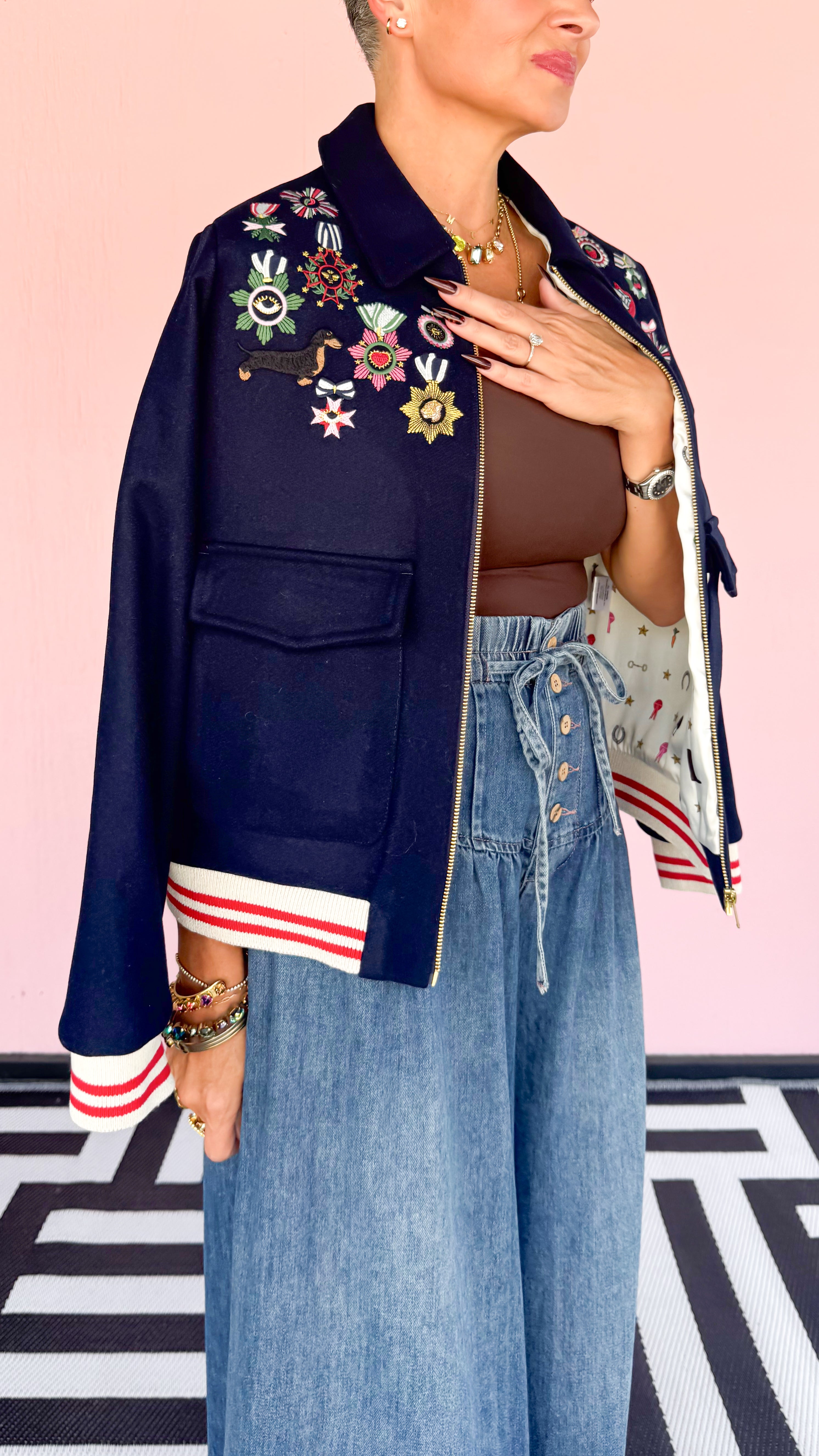 Embroidered Medals Wool Jacket/Navy