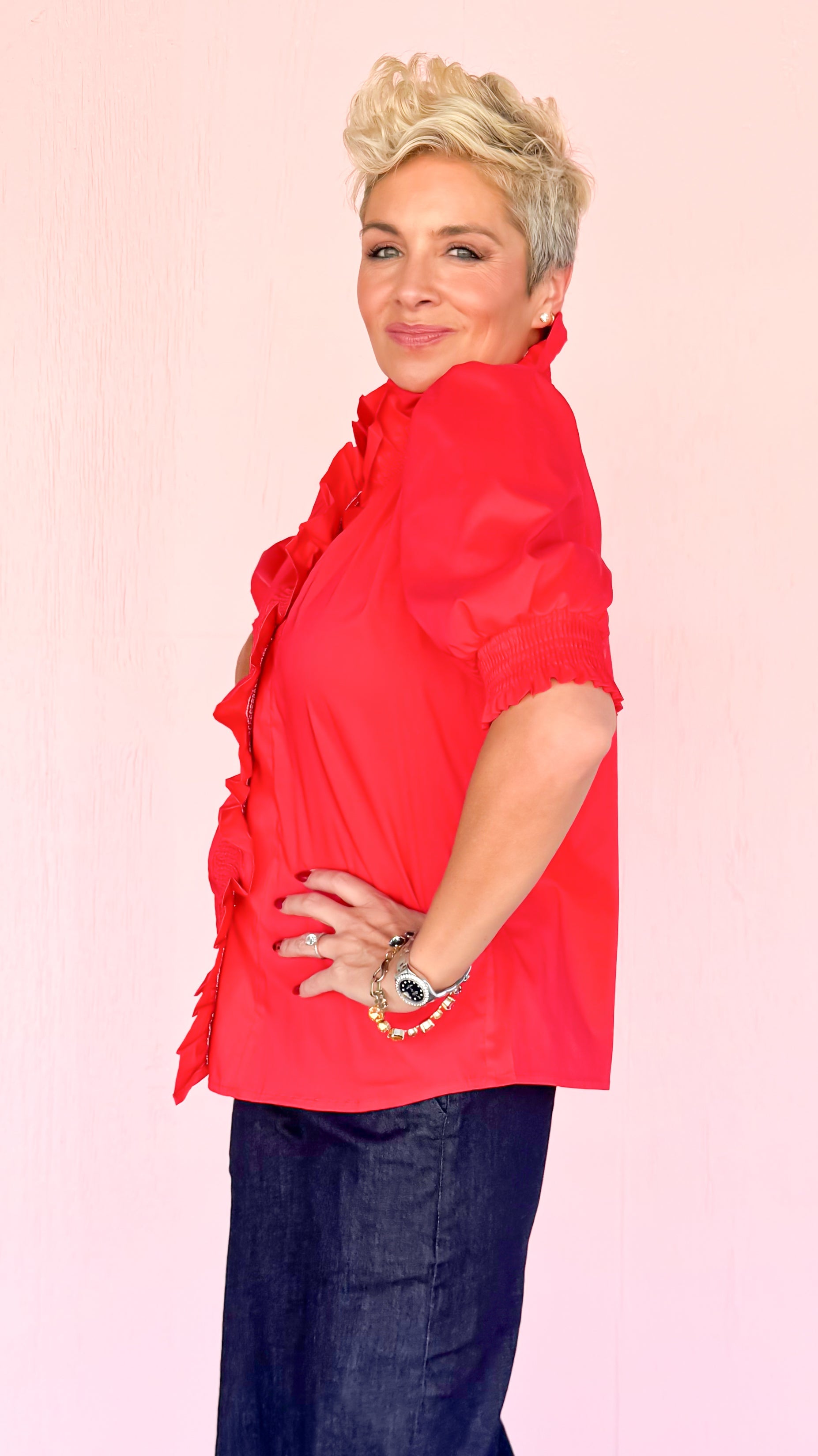 Ruffle Collar Puff Sleeve Blouse/Red