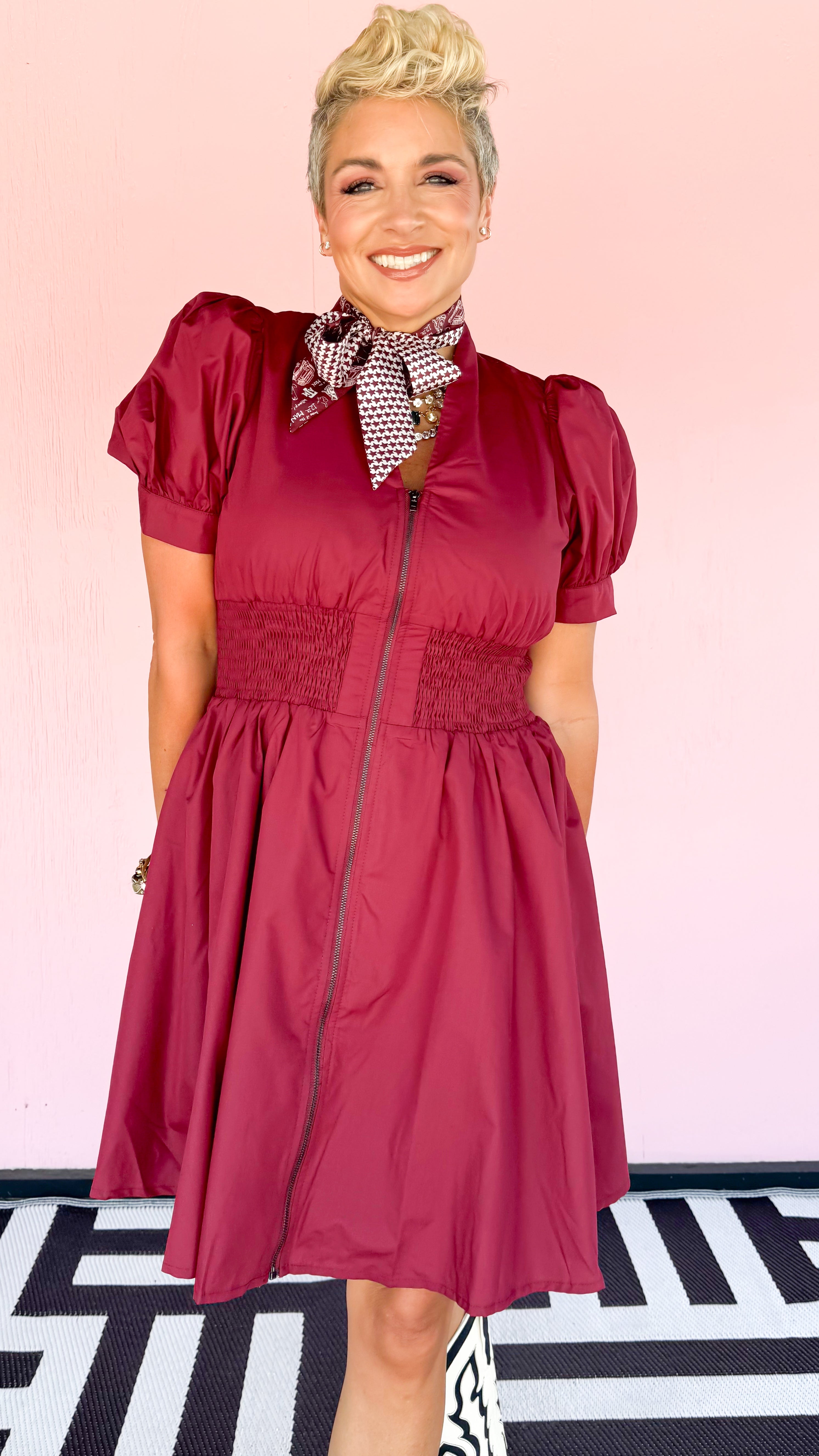 Smocked Waist Zip Front Dress/Burgundy