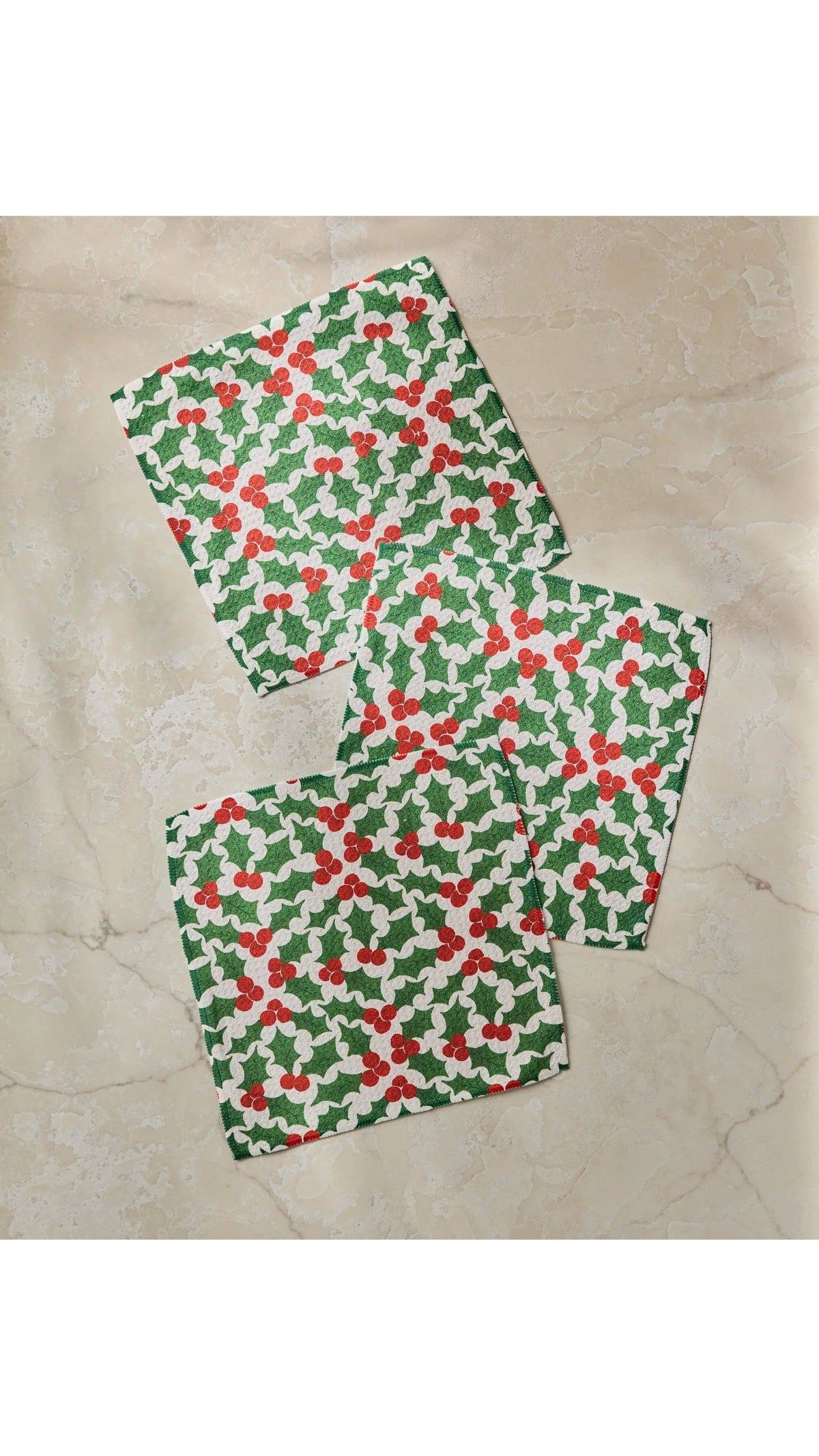 Geometry Festive Holly Christmas dishcloths, set of 3, full view on white