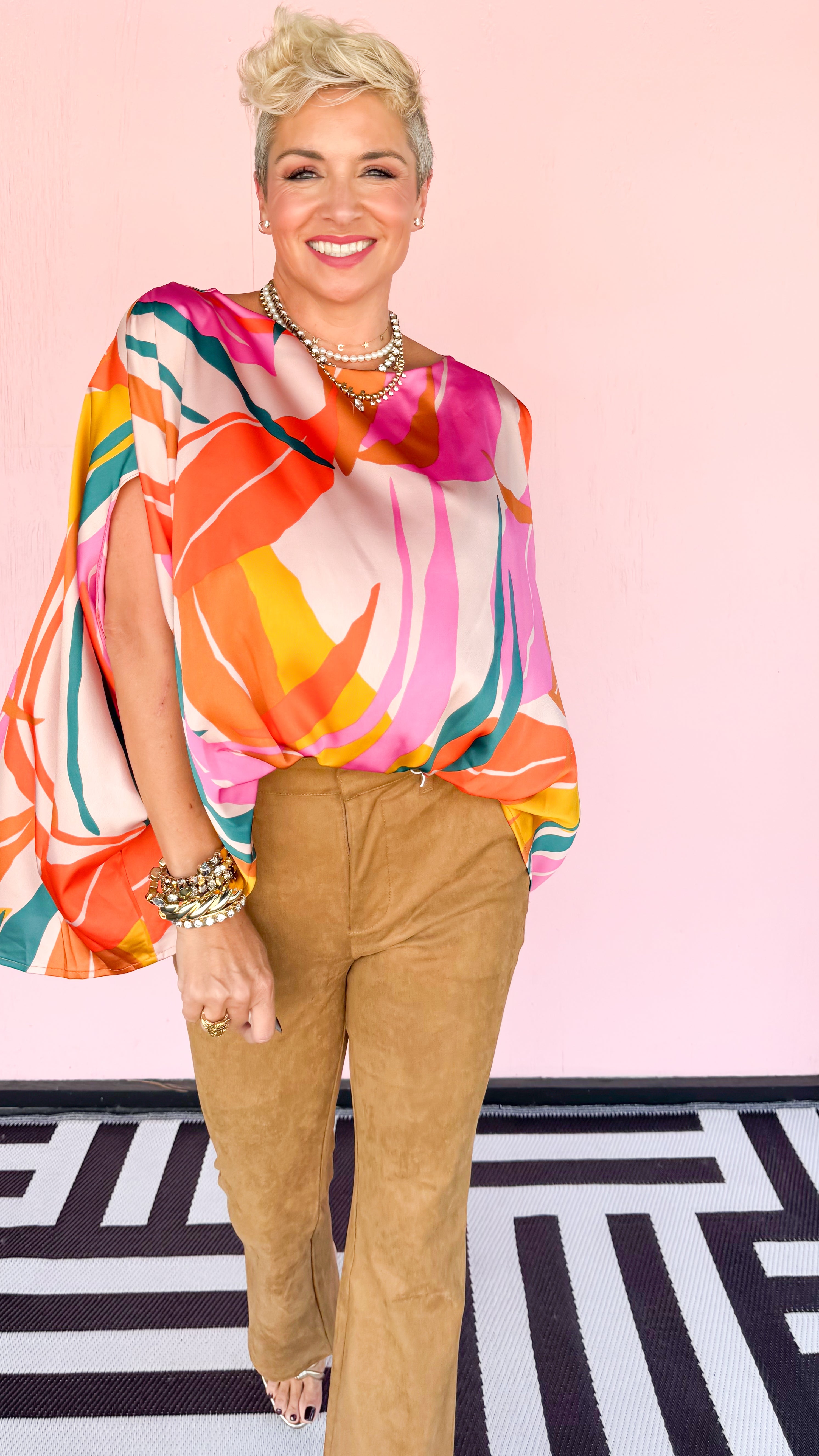 Isla Tropical Satin Boatneck Top/Pink