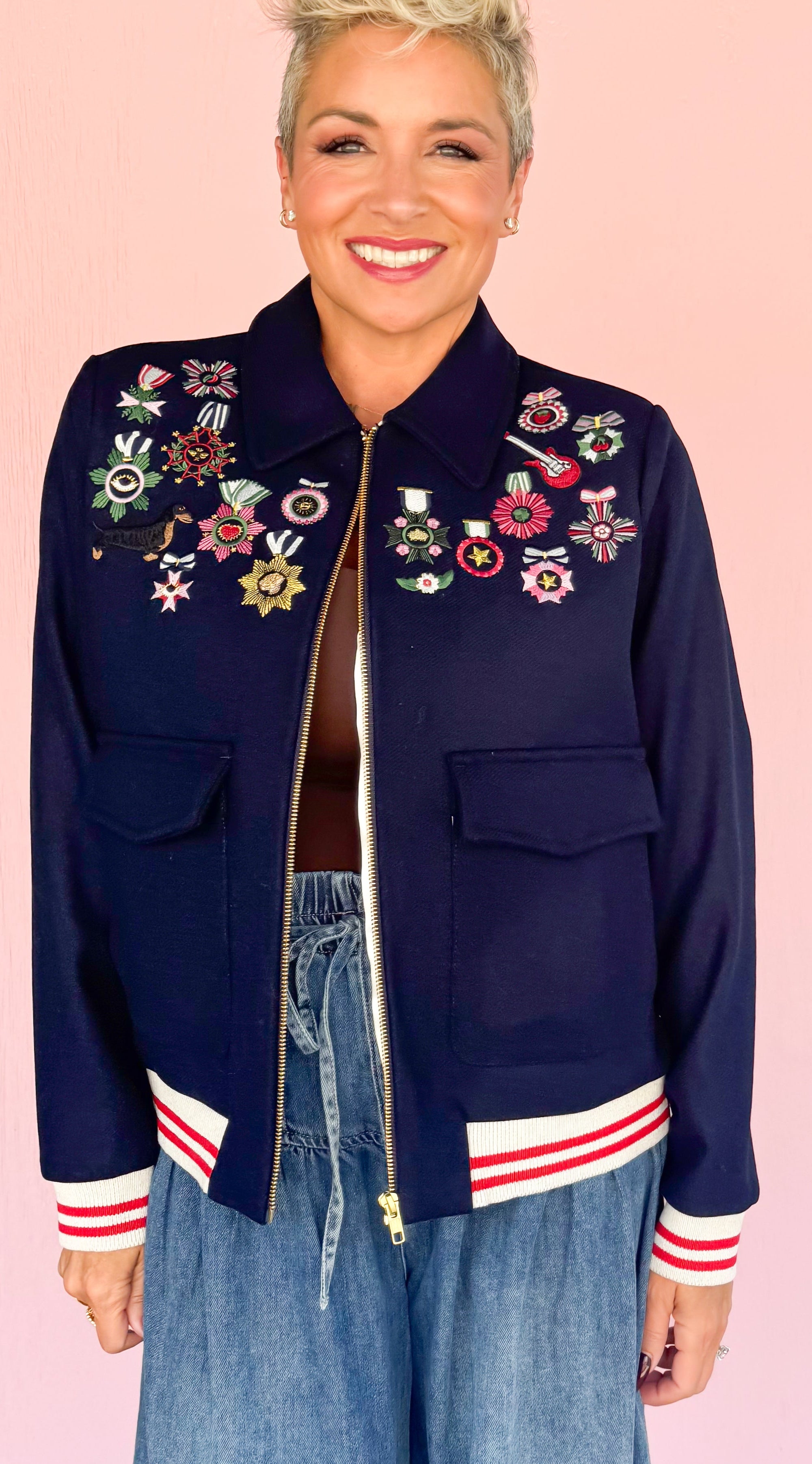 Embroidered Medals Wool Jacket/Navy