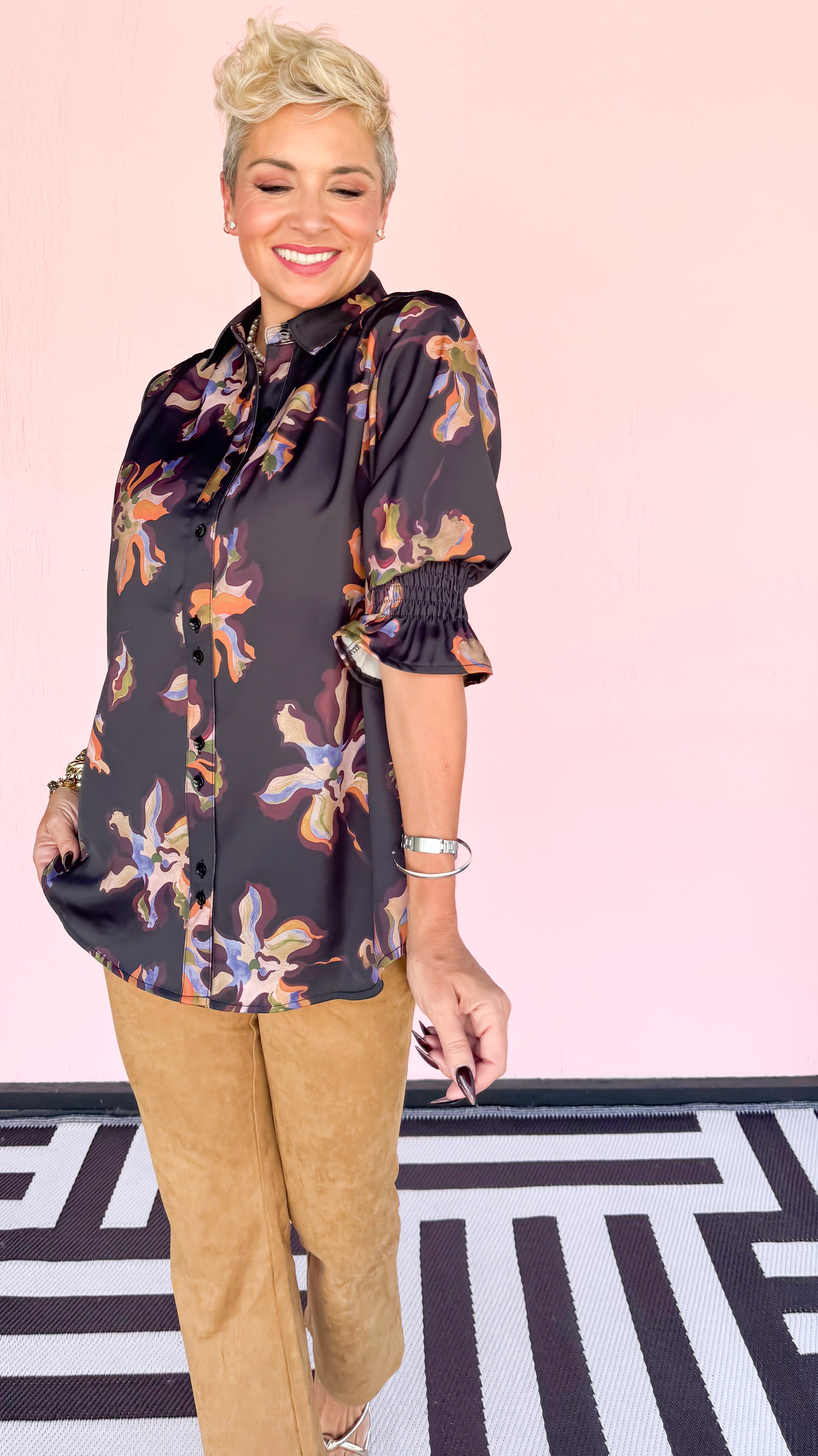 Lucille 3/4 Sleeve Floral Top/Black