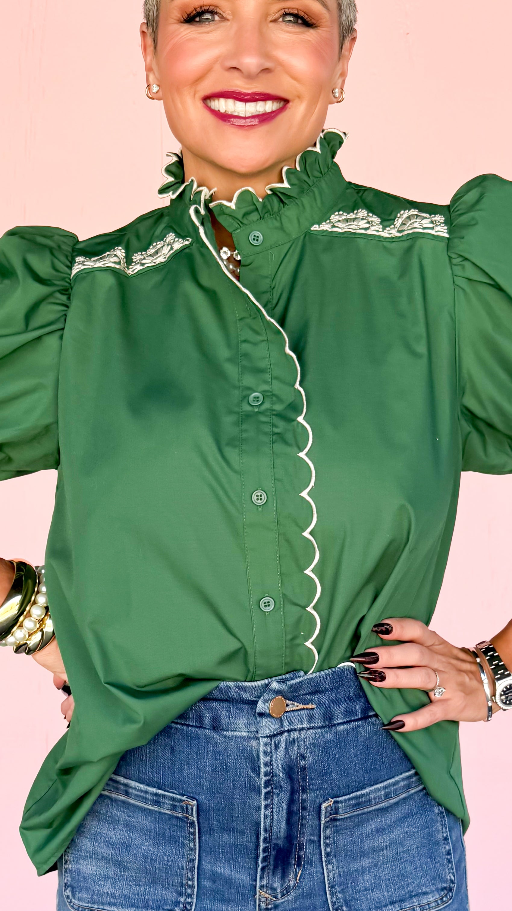 Scalloped Edge Embroidered Top/Green