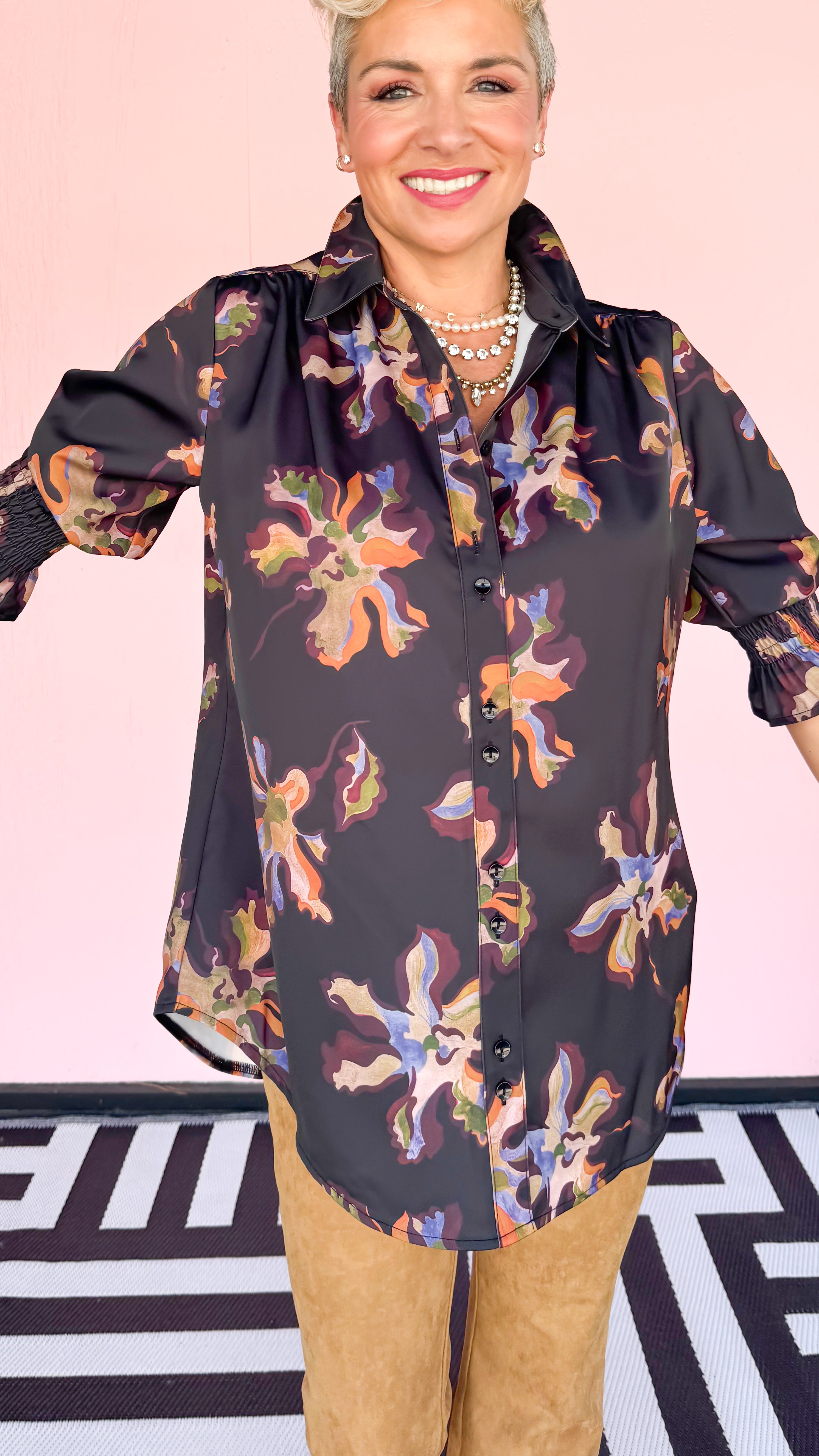 Lucille 3/4 Sleeve Floral Top/Black