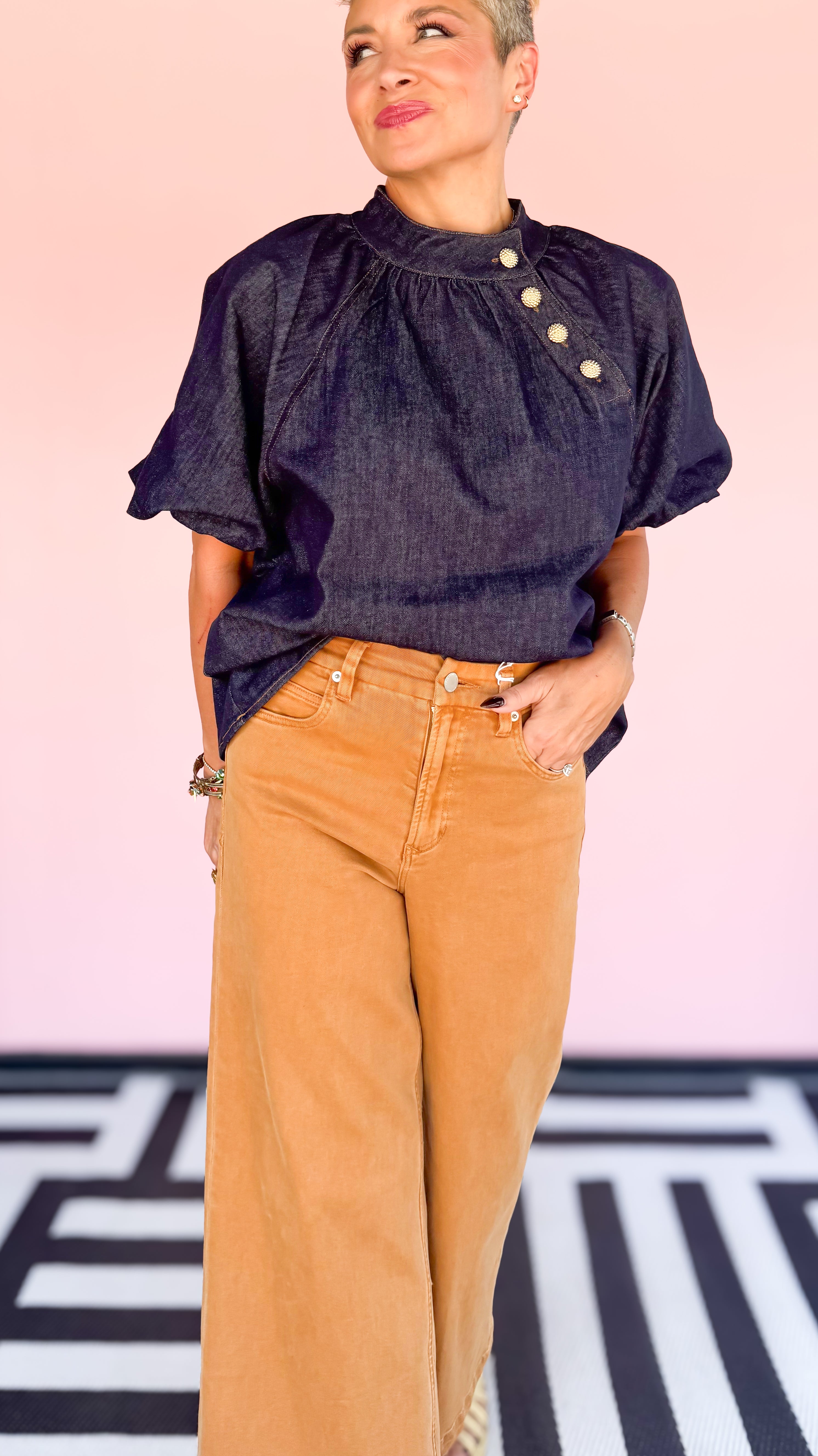 Bubble Sleeve Denim Top Gold Buttons