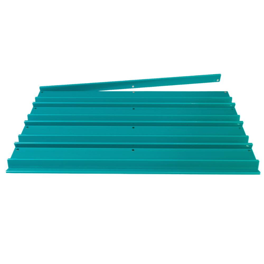 Stack of teal metal sheets on a white background