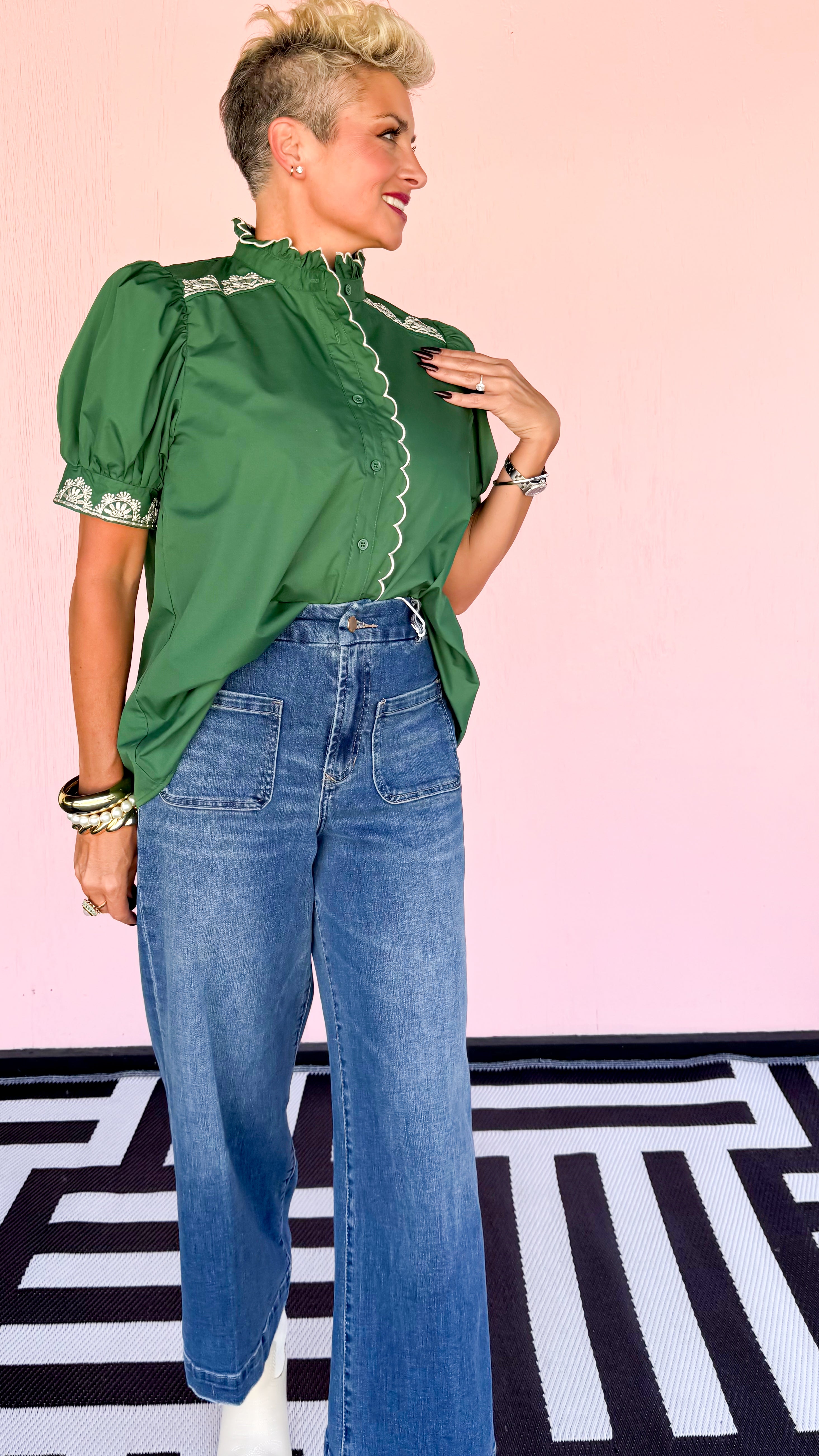 Scalloped Edge Embroidered Top/Green