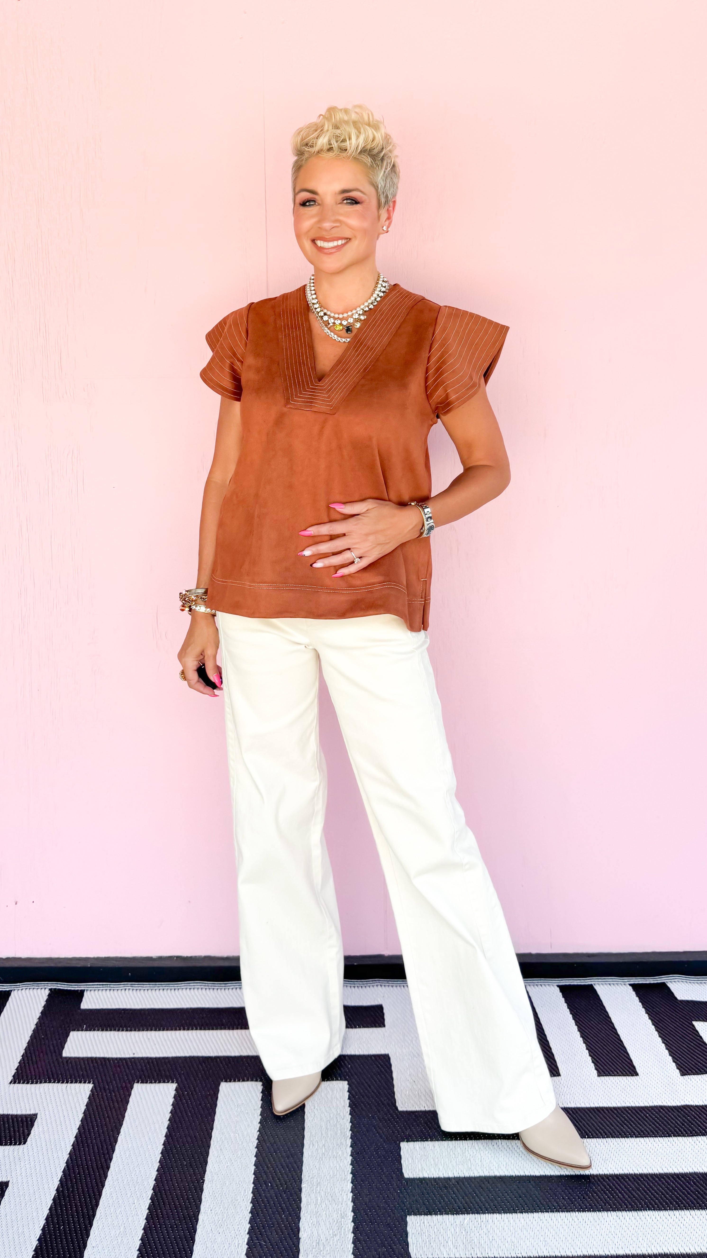 Flutter Sleeve Suede Top/Rust