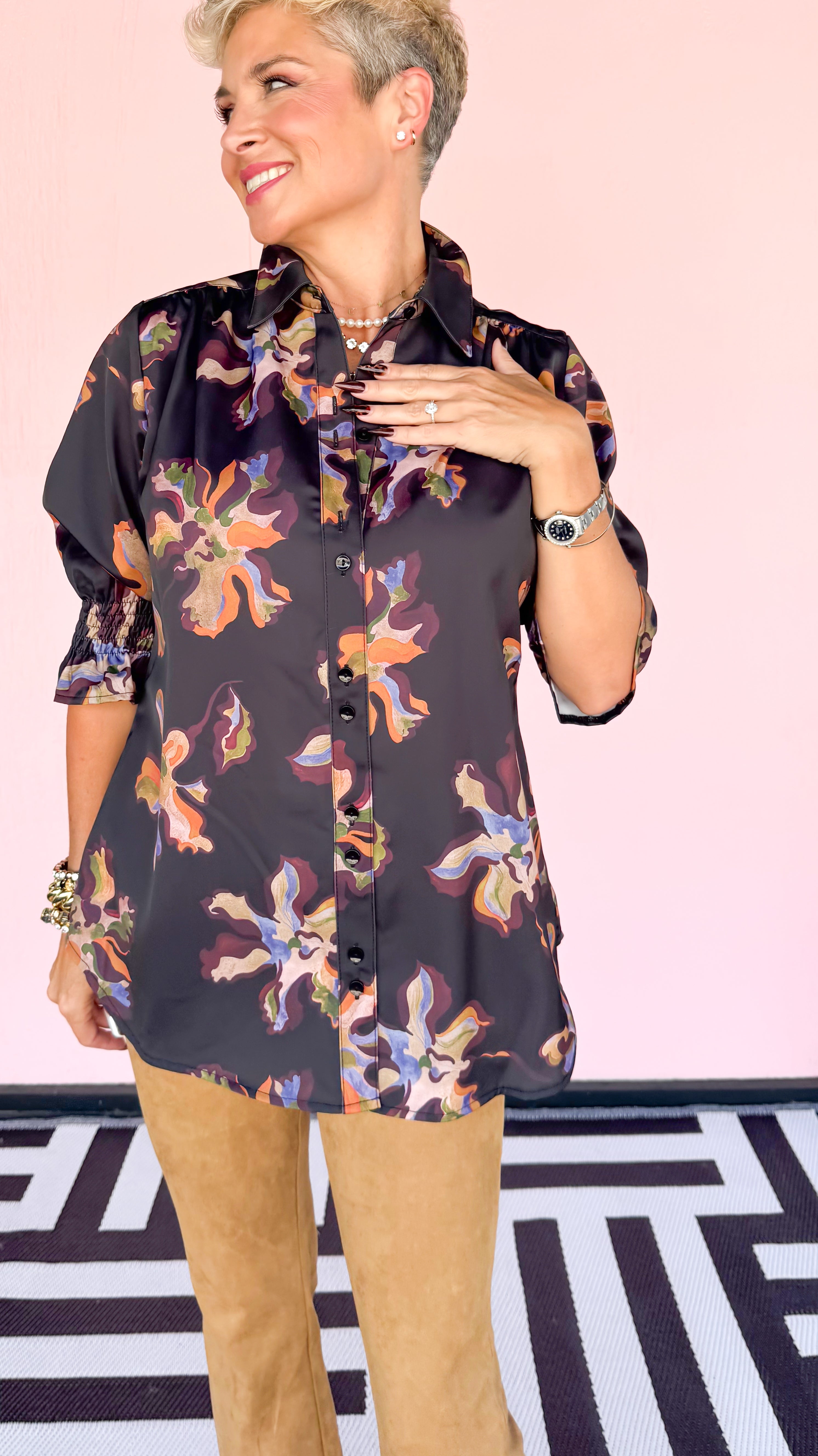Lucille 3/4 Sleeve Floral Top/Black