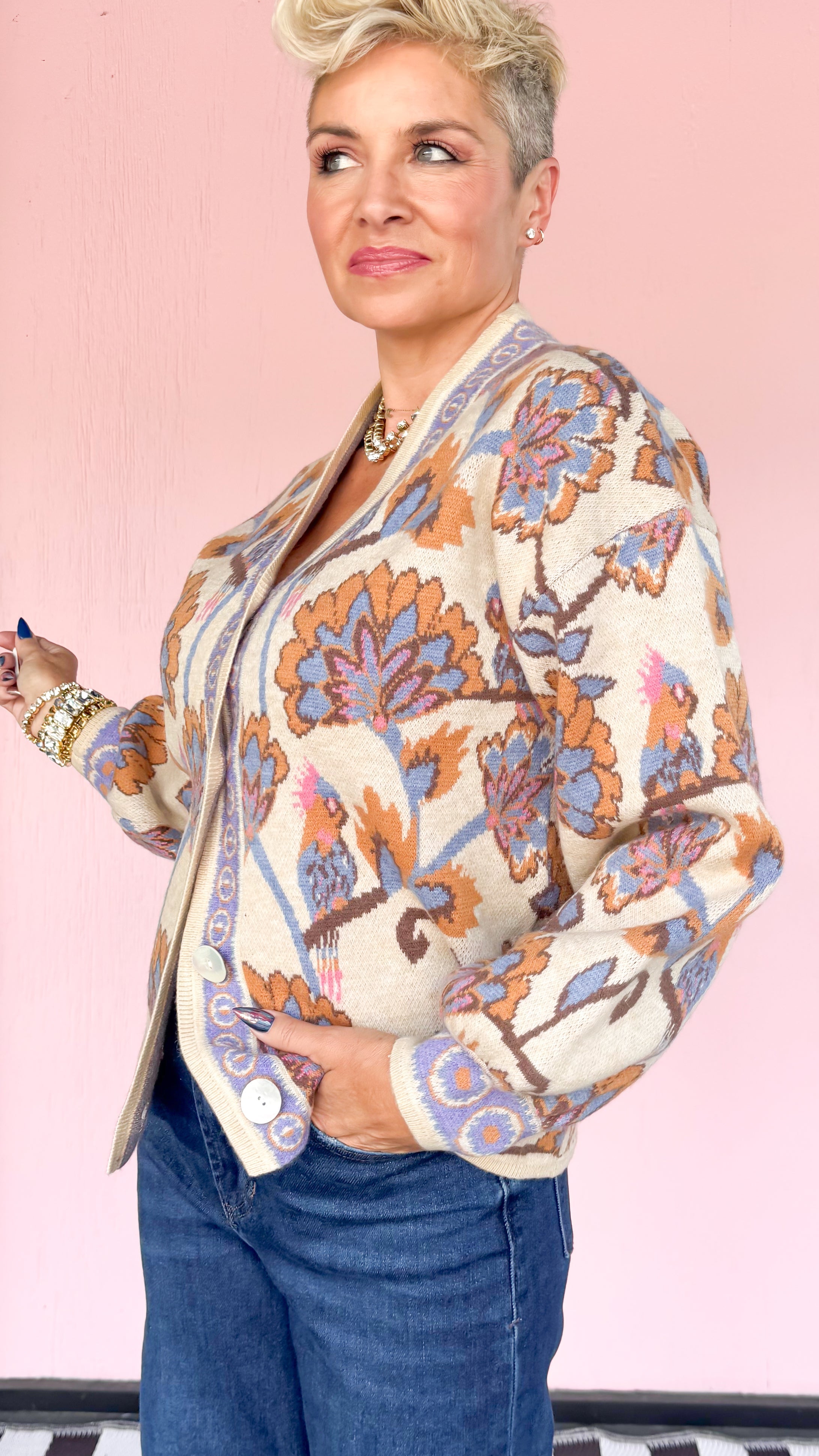 Floral Pattern Jacquard Cardigan/Taupe