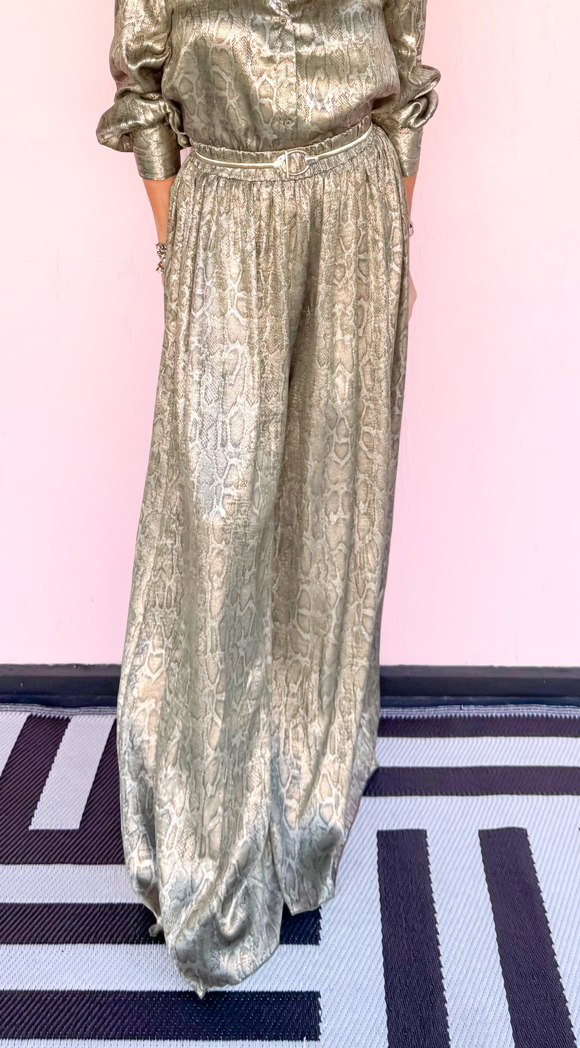 Metalic Python Pants in Olive