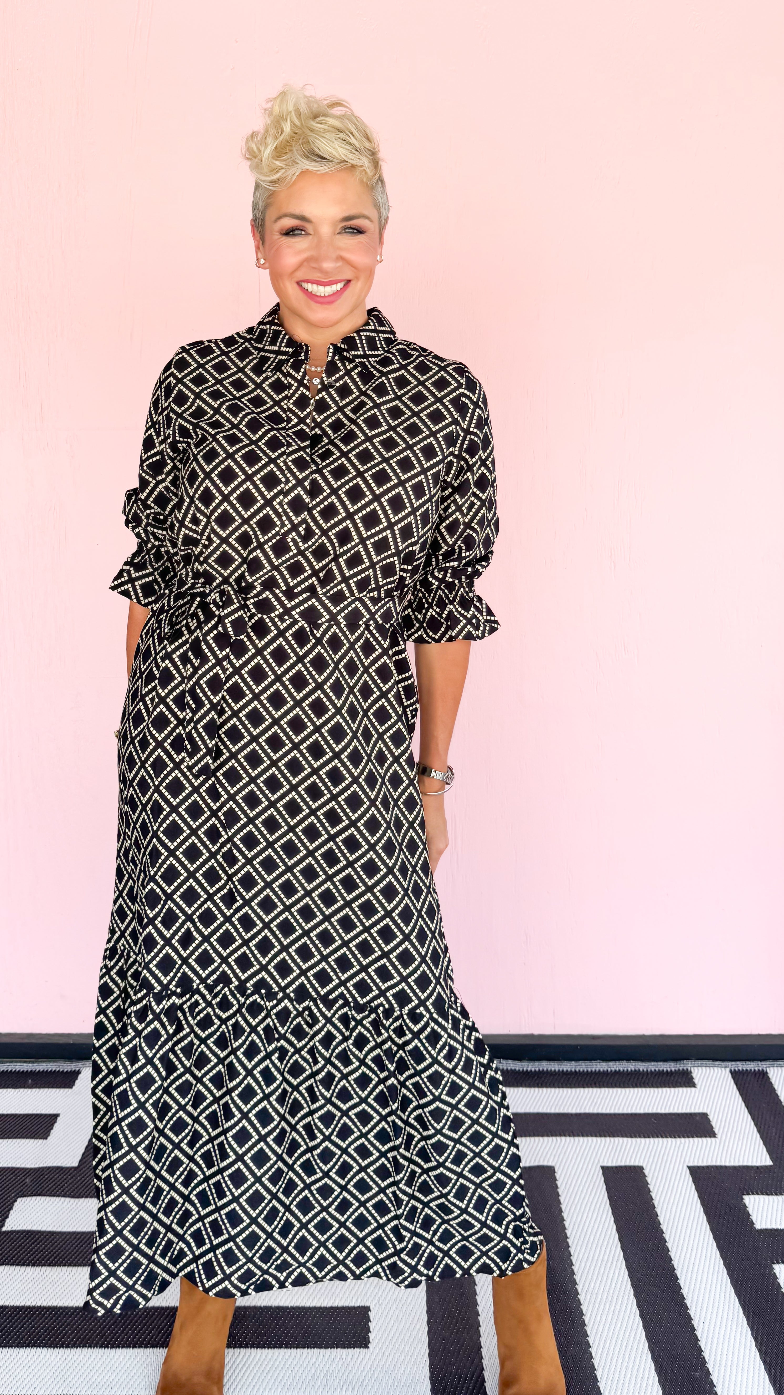Diamond Print Midi Dress/Black