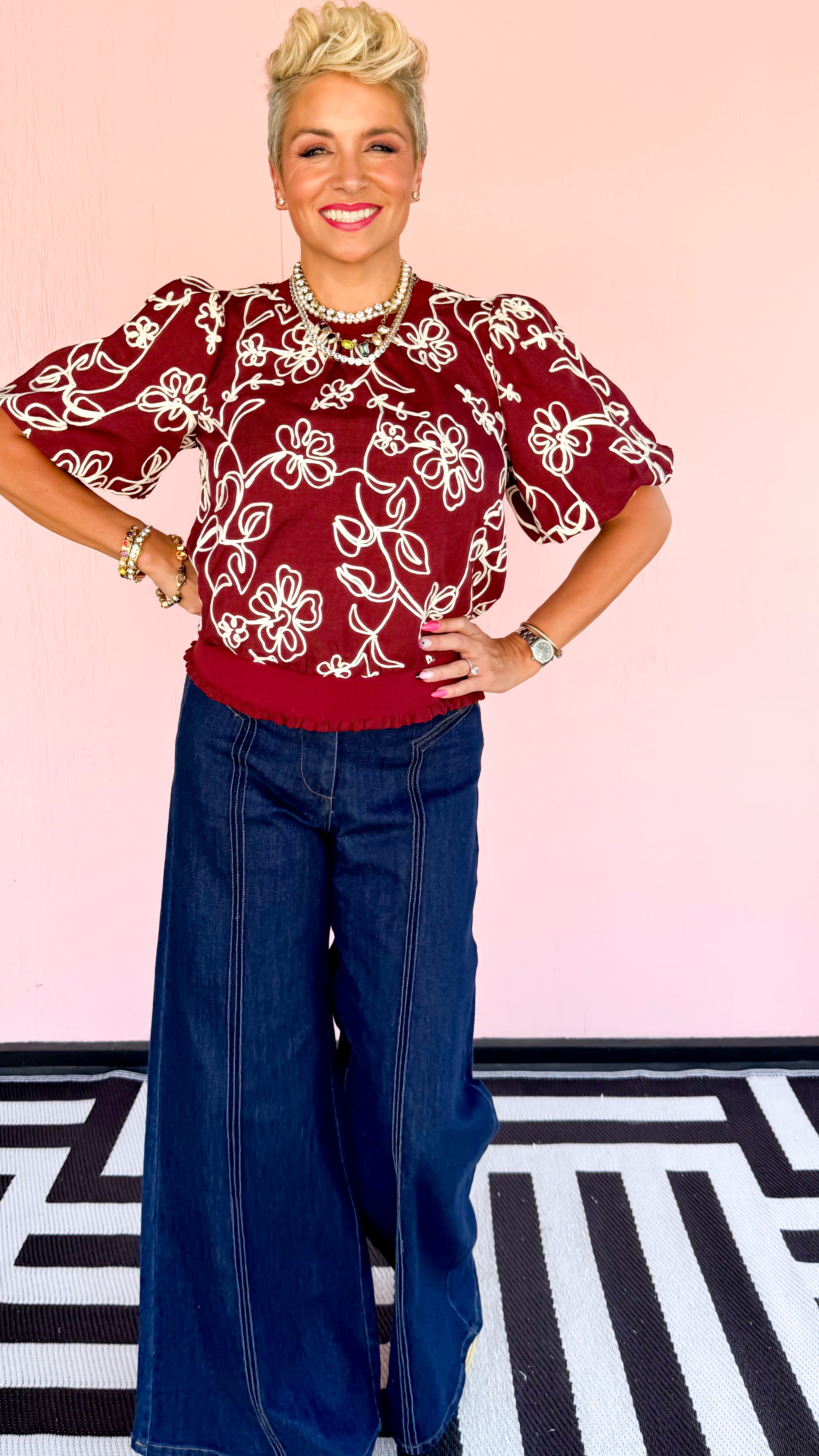 Lou Floral Embroidered Top/Burgundy