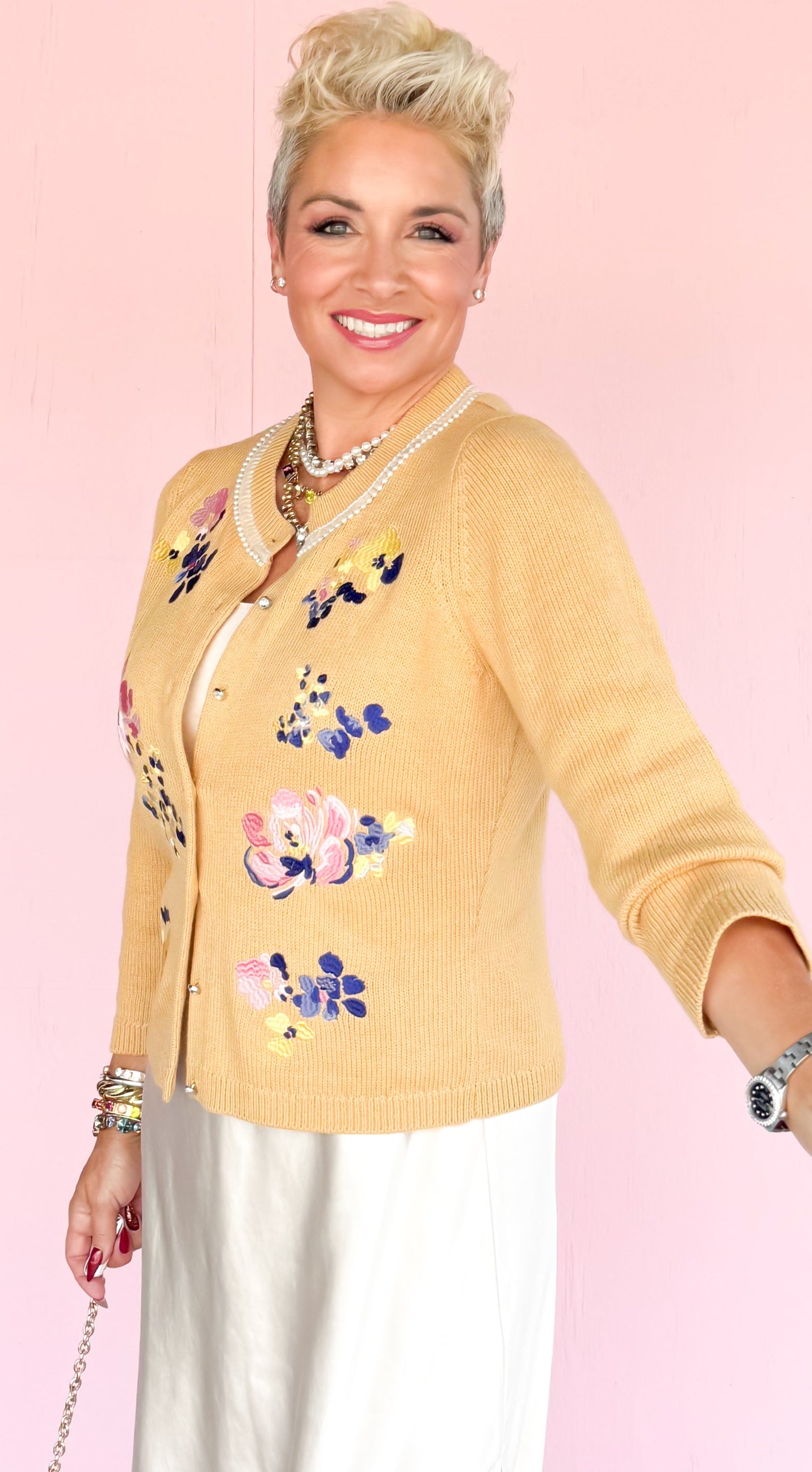 Floral Embroidered Cardigan w/Pearls