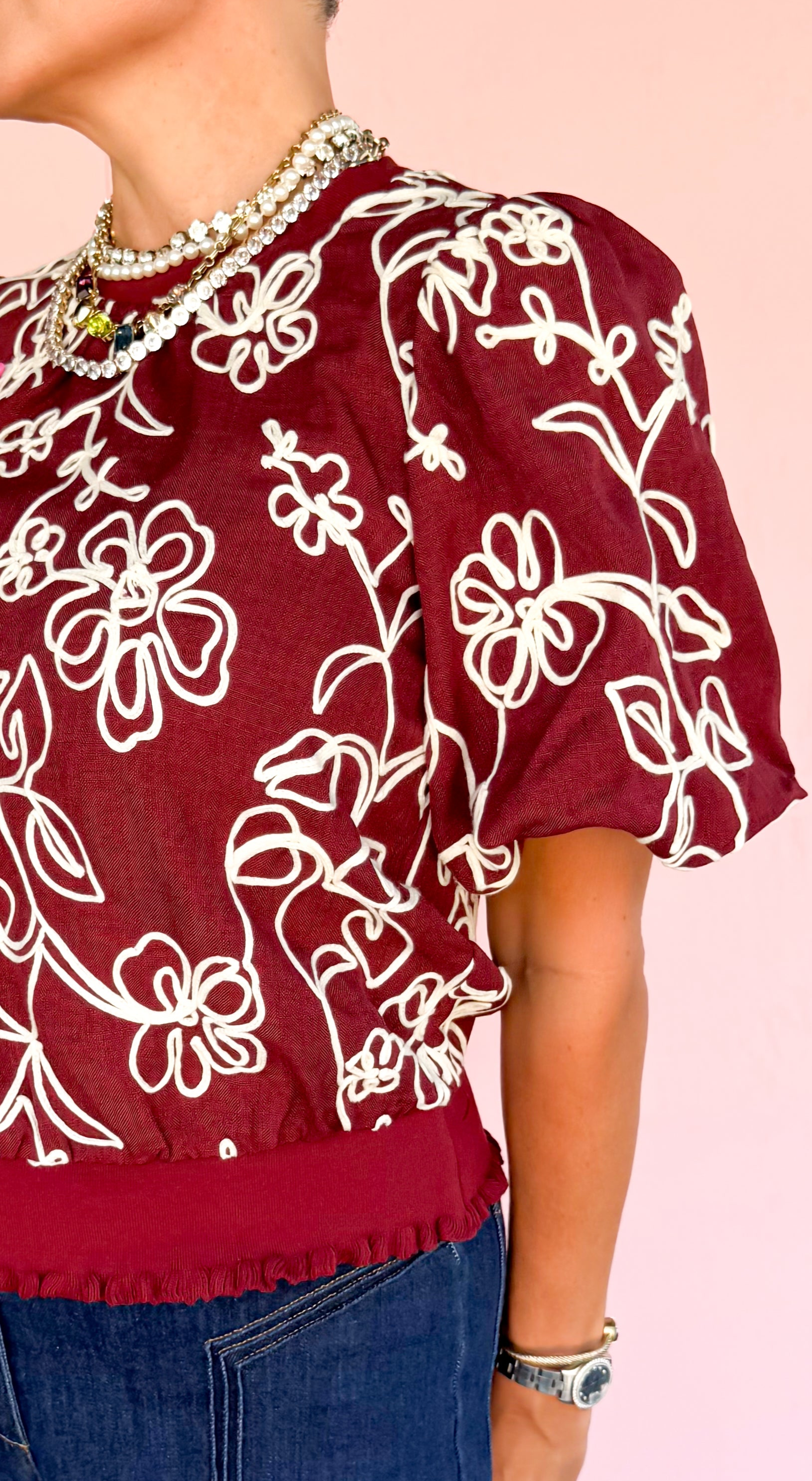 Lou Floral Embroidered Top/Burgundy