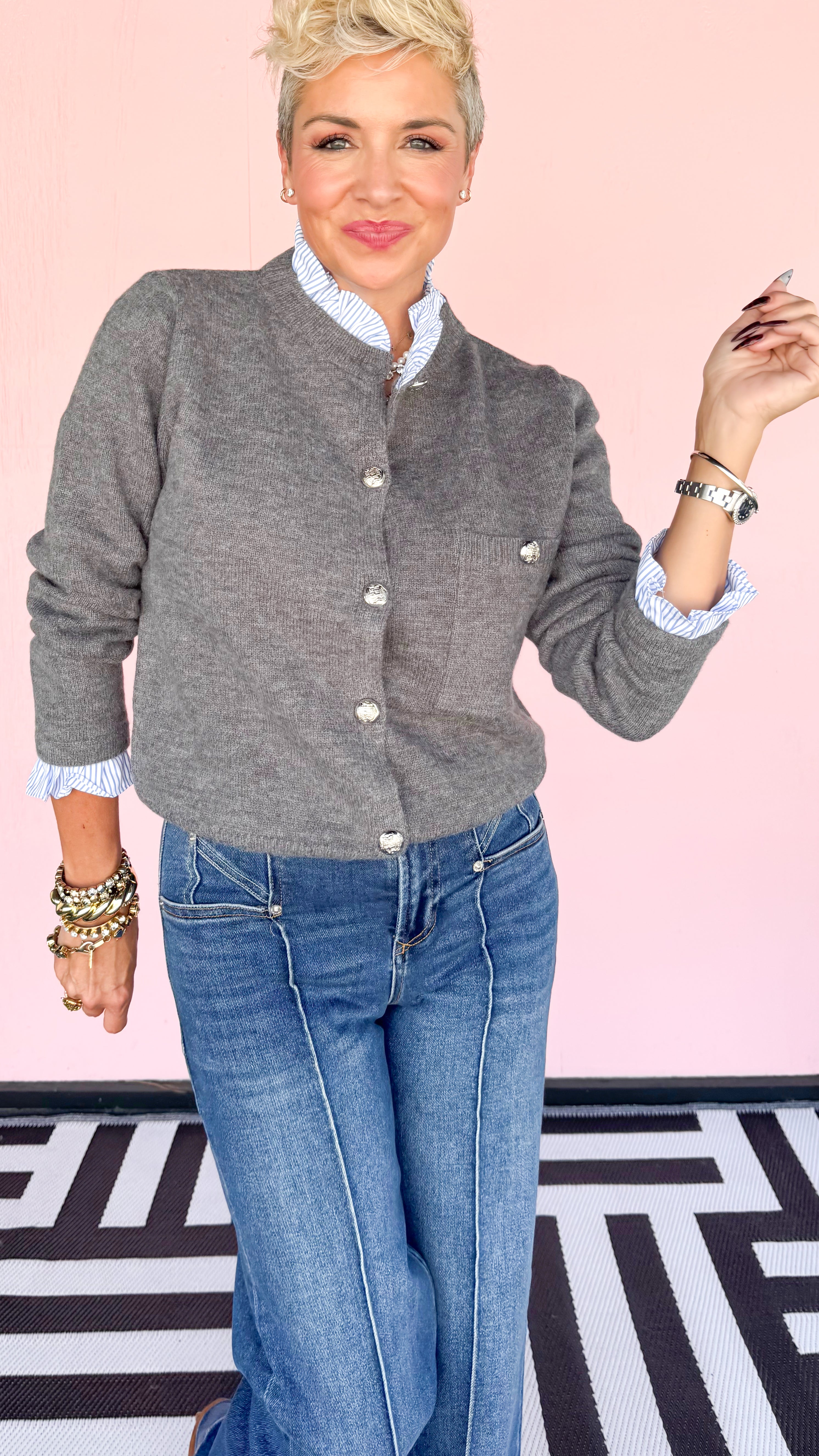 Melinda Military Button Cardigan/Grey