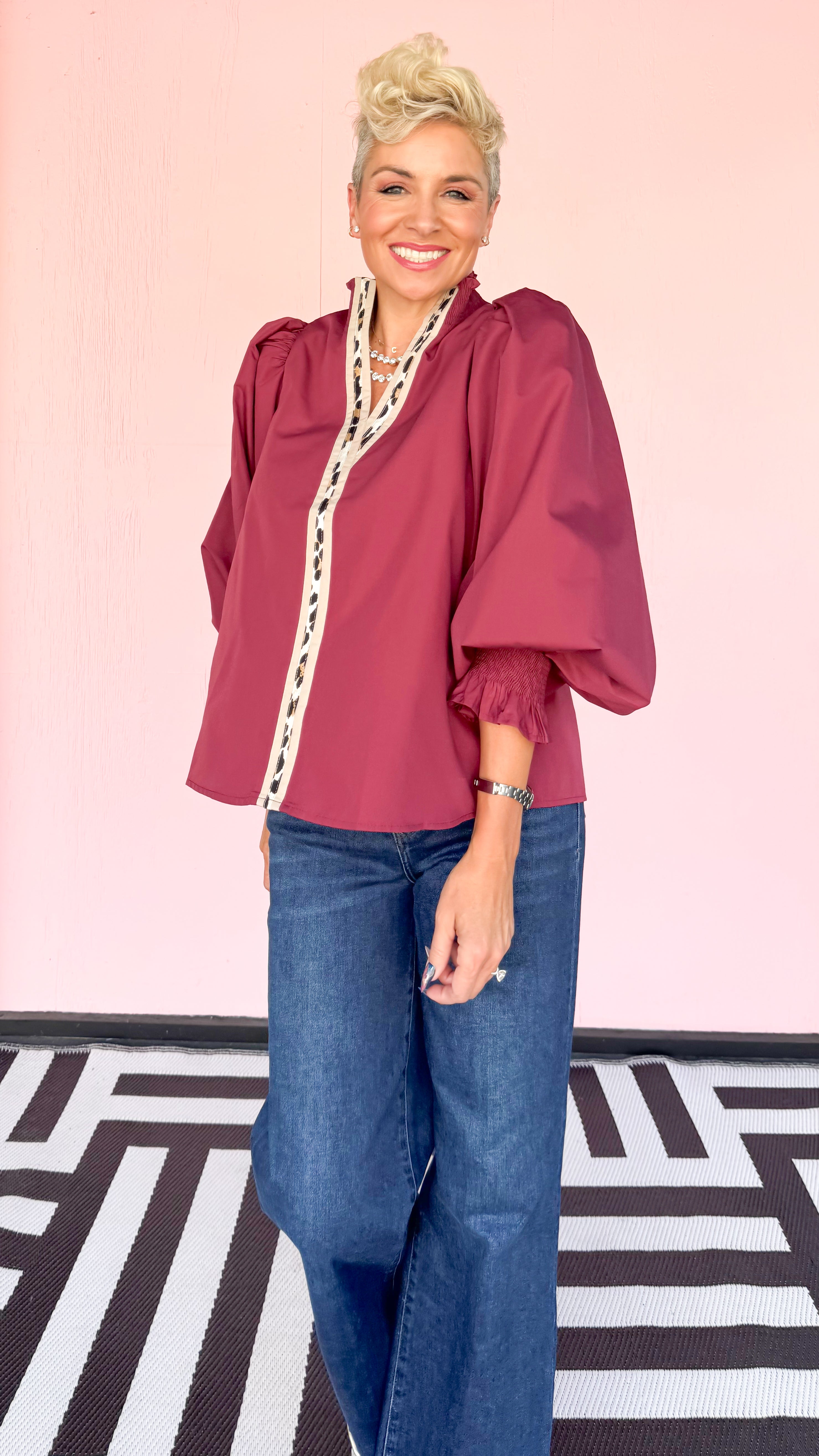Leopard Trim Long Sleeve Top/Merlot