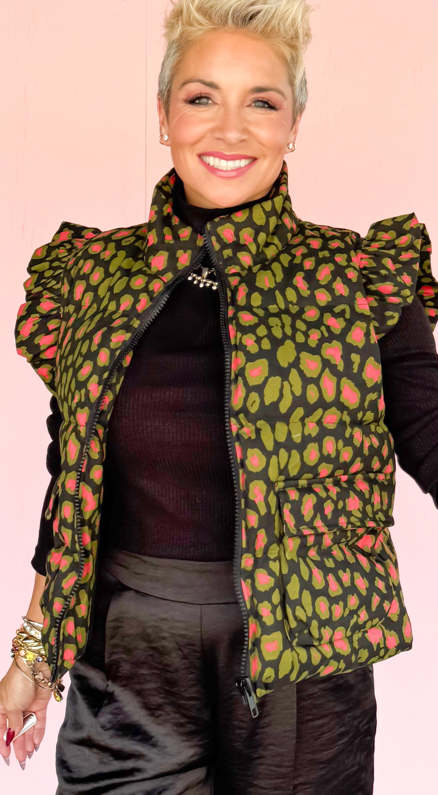 Pink and Green Leopard Spots Vest/Black