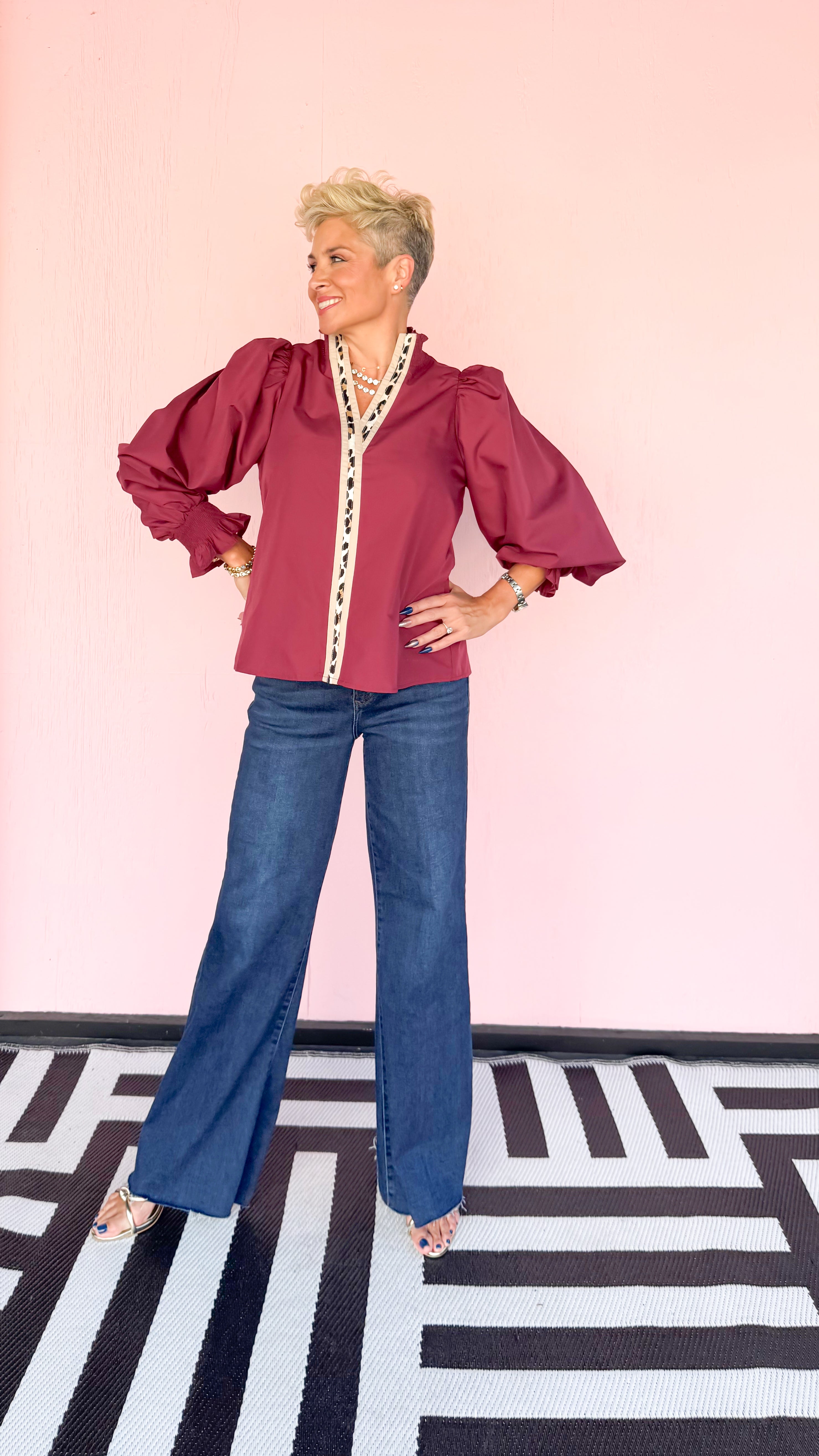 Leopard Trim Long Sleeve Top/Merlot
