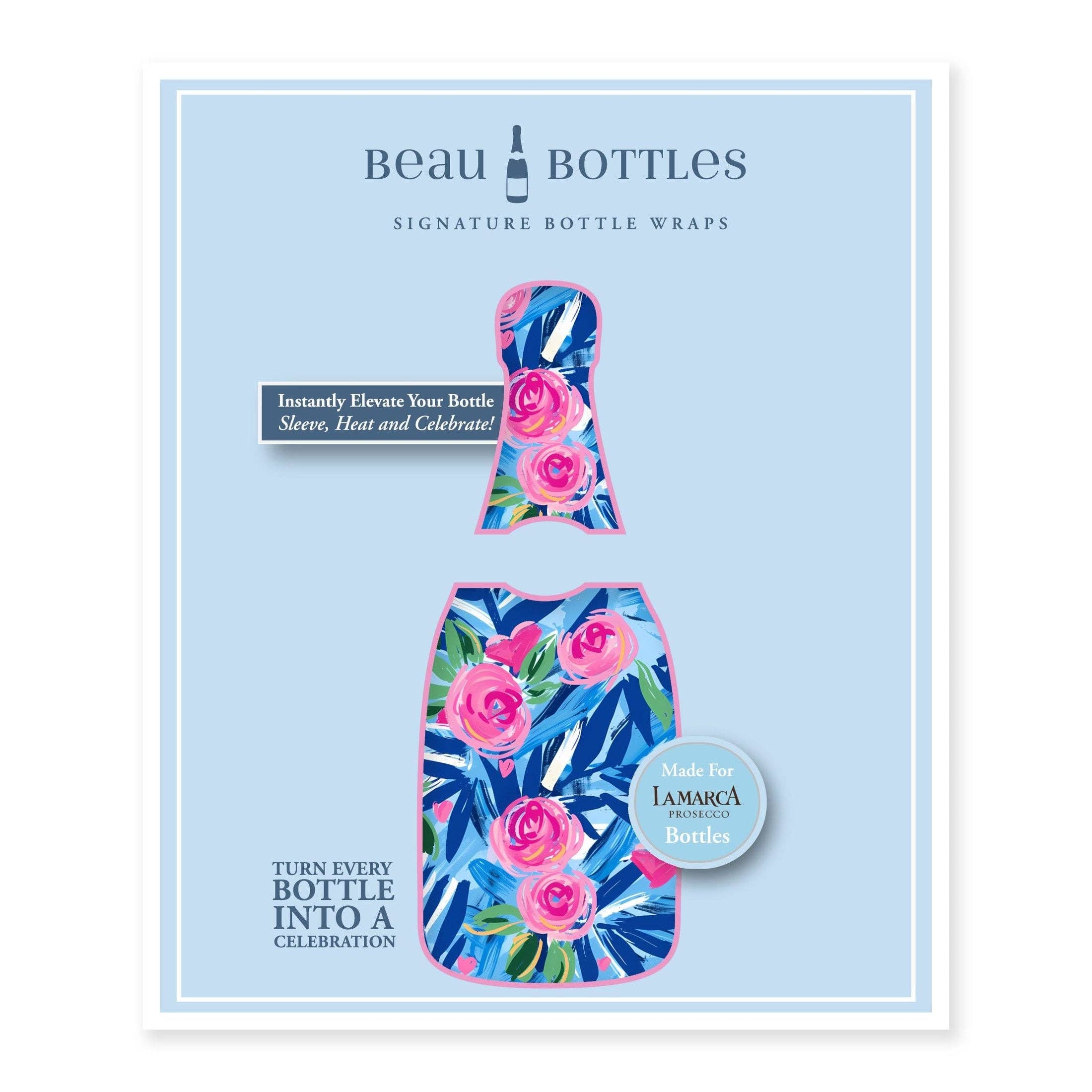 Beau Bottles Preppy Roses with Love La Marca prosecco bottle wrap — close-up view — BLVD Boutik