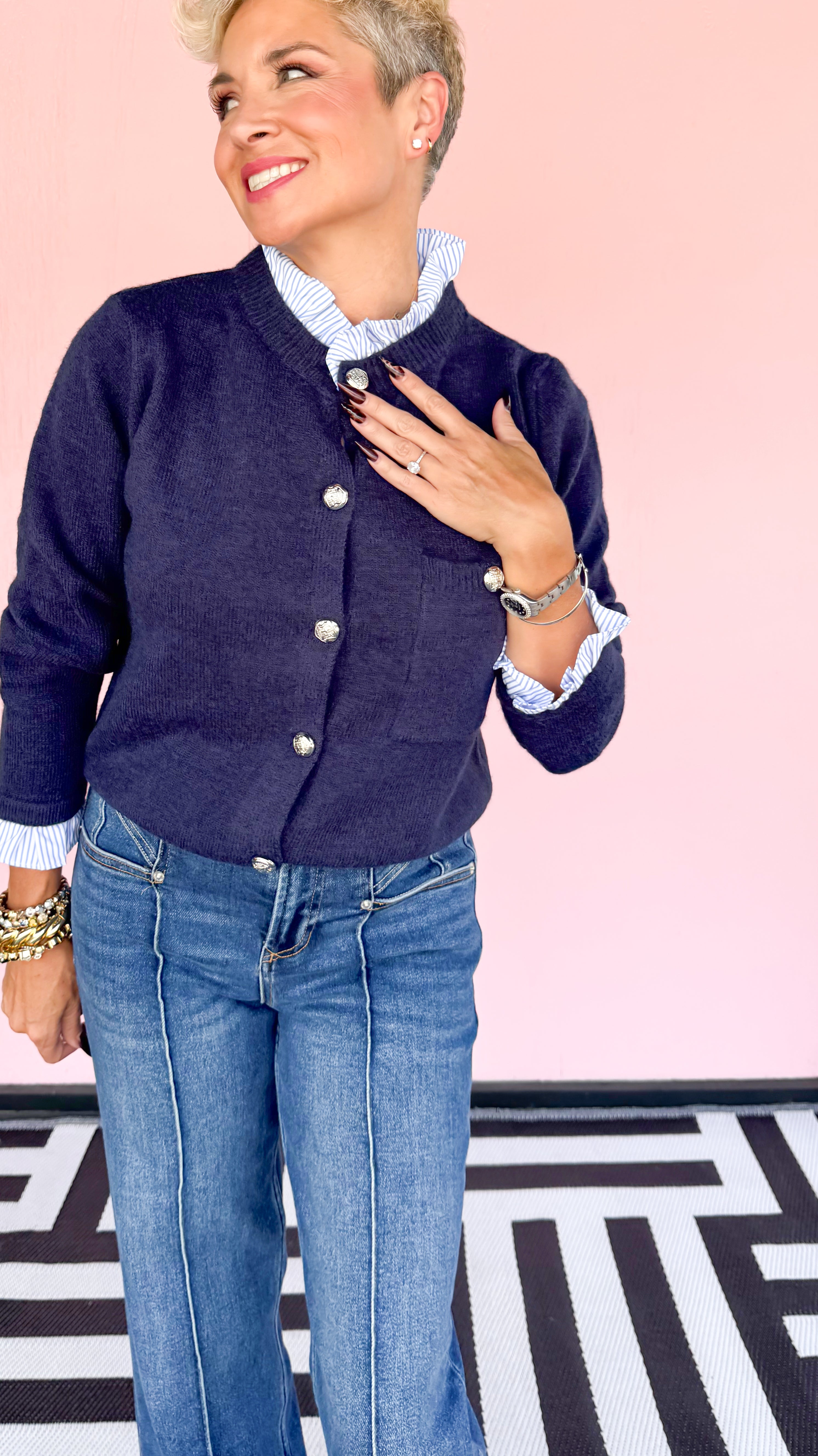 Melinda Military Button Cardigan/Navy