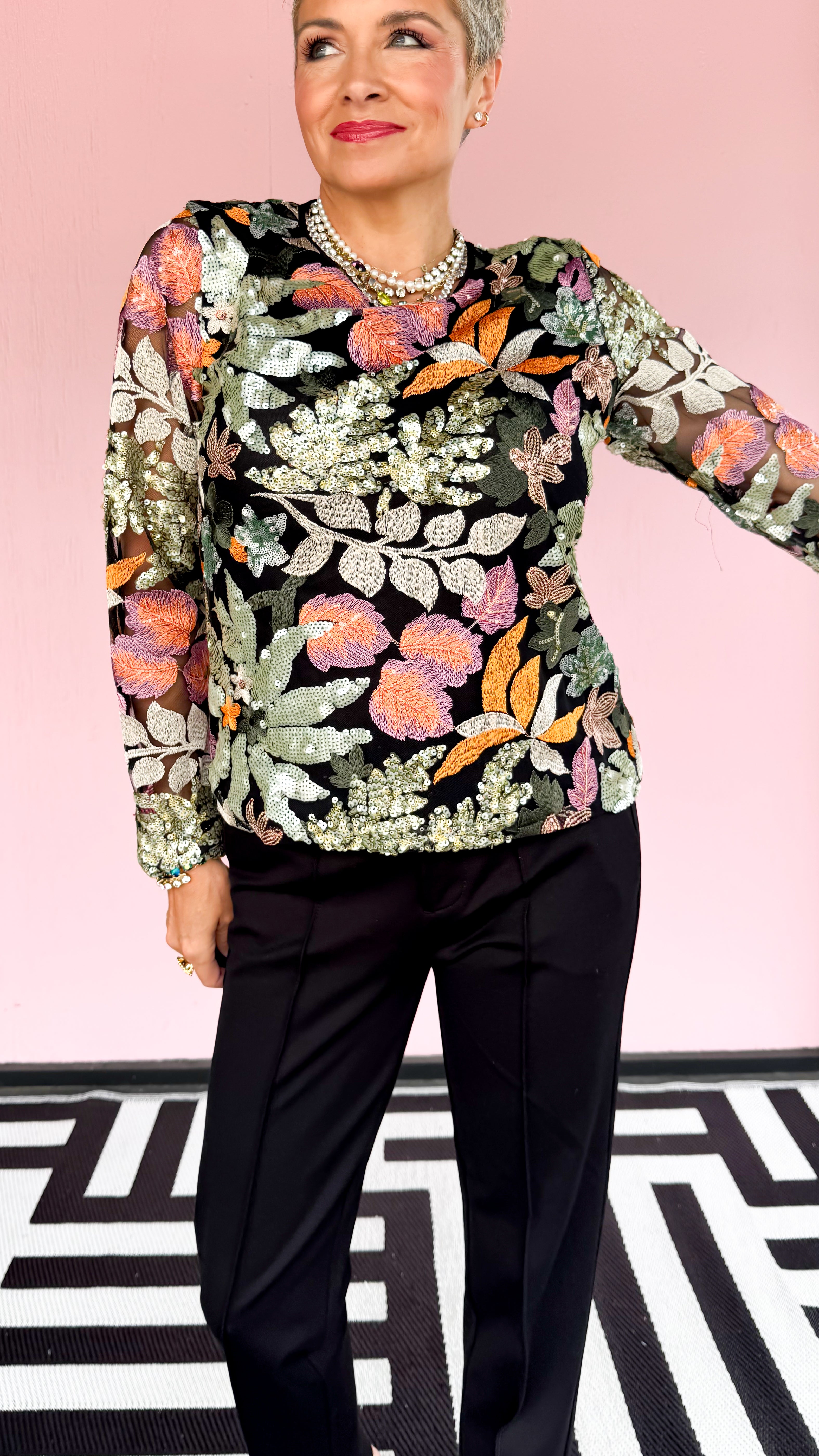 Embroidered Sequined Floral Top/Black