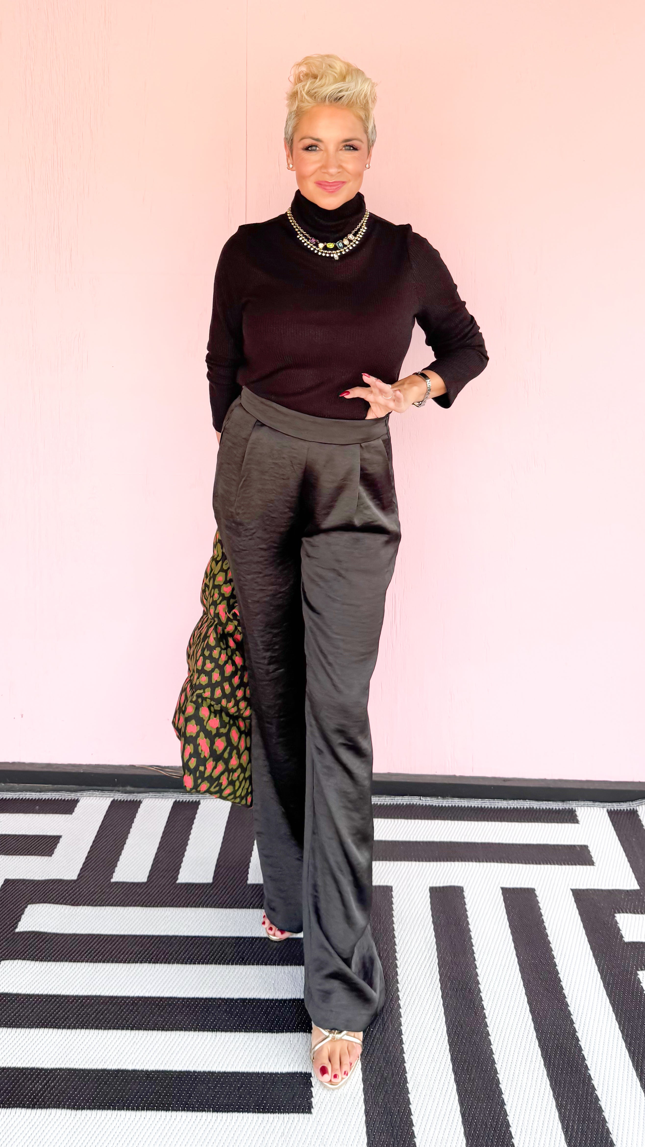 Satin Wide Leg Pull On Pants/Black