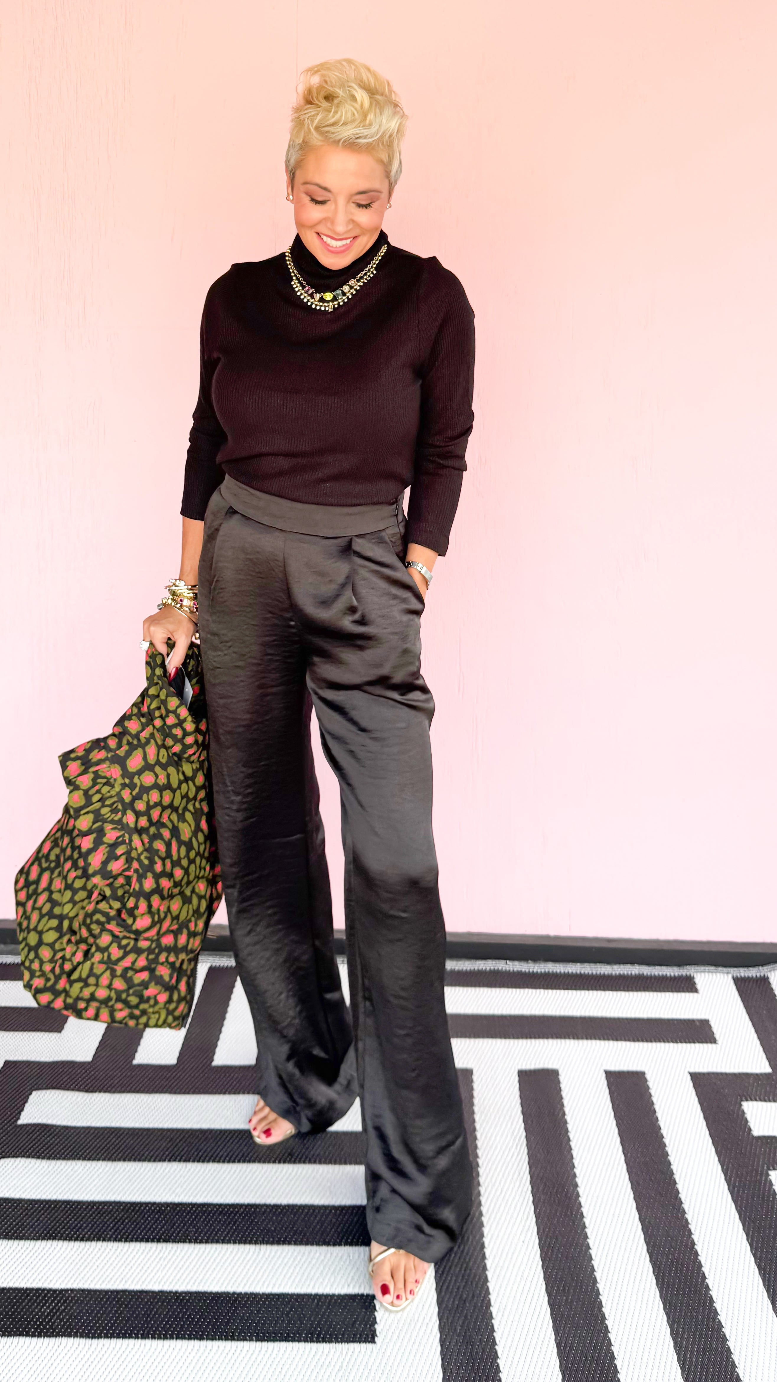 Satin Wide Leg Pull On Pants/Black