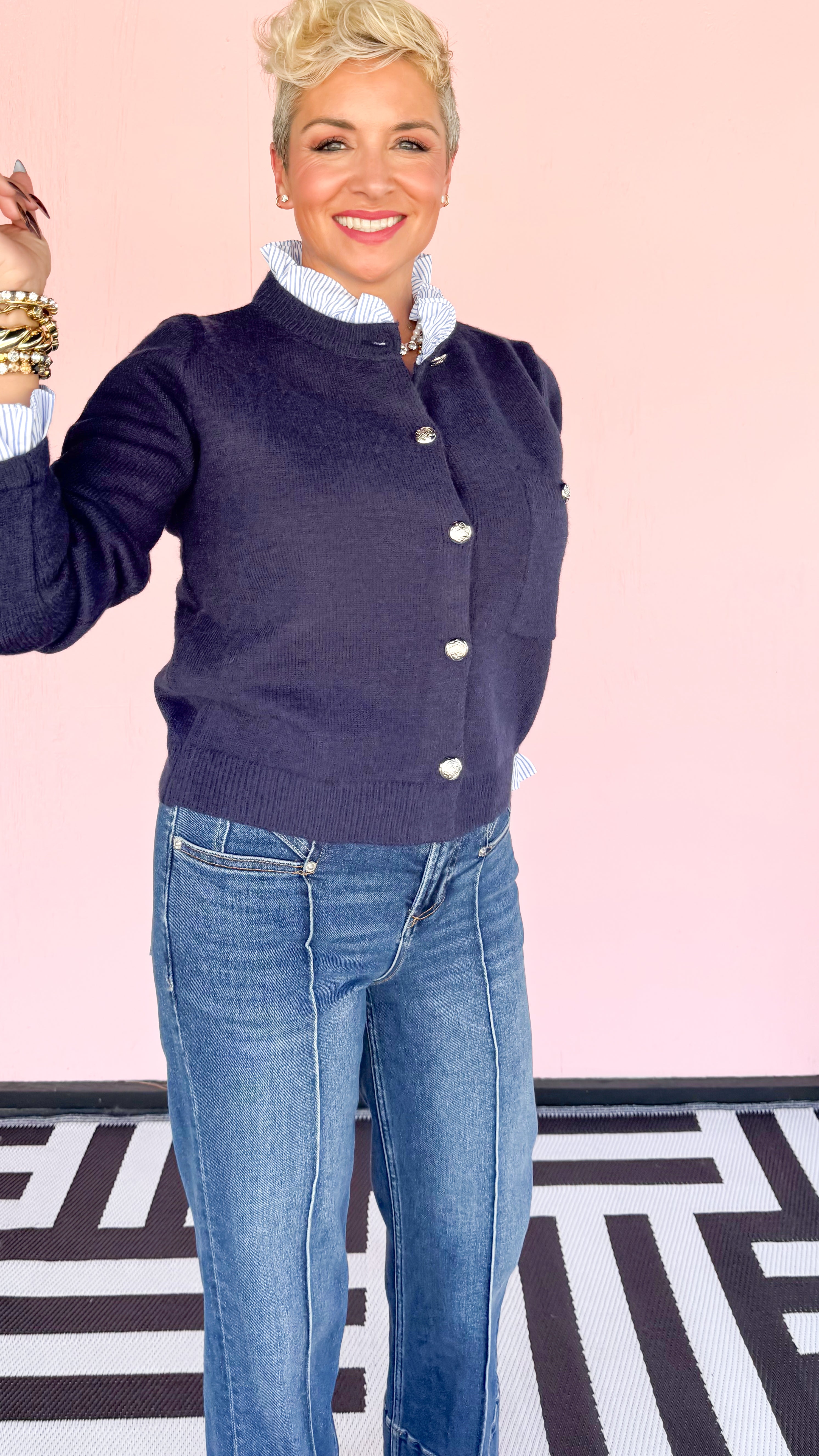 Melinda Military Button Cardigan/Navy