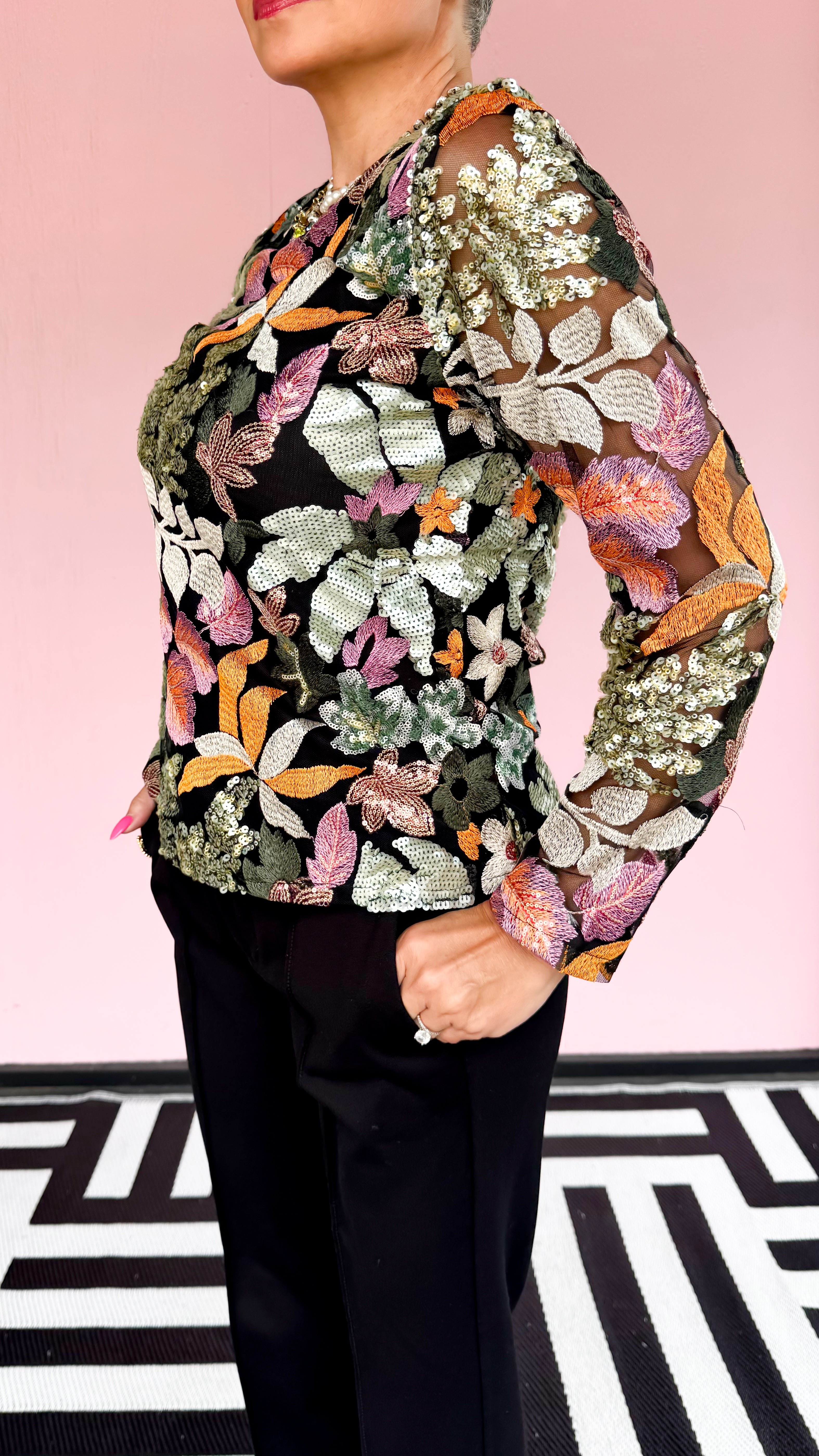 Embroidered Sequined Floral Top/Black