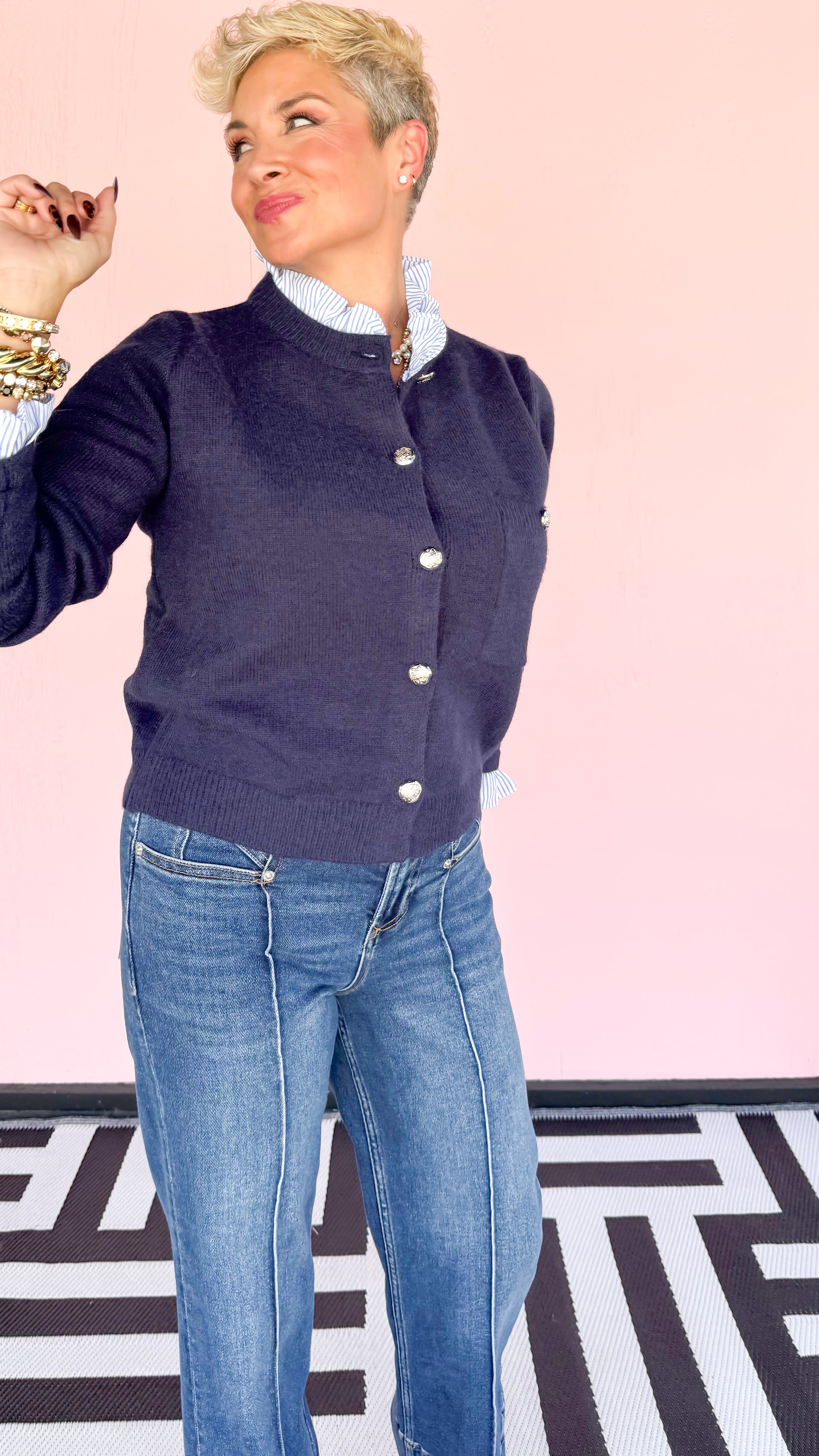 Melinda Military Button Cardigan/Navy