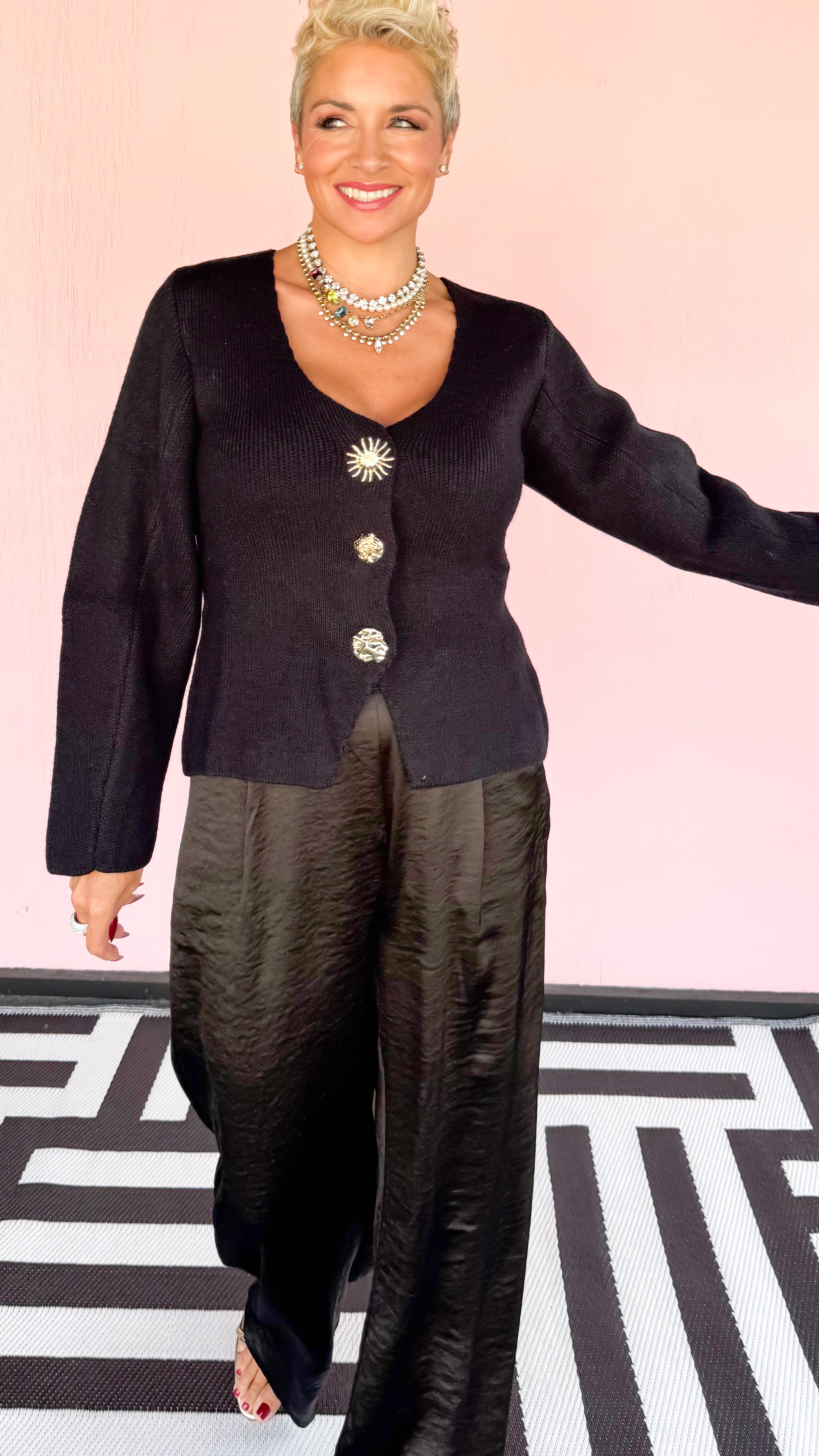 Gold Button Detail Cardigan/Black