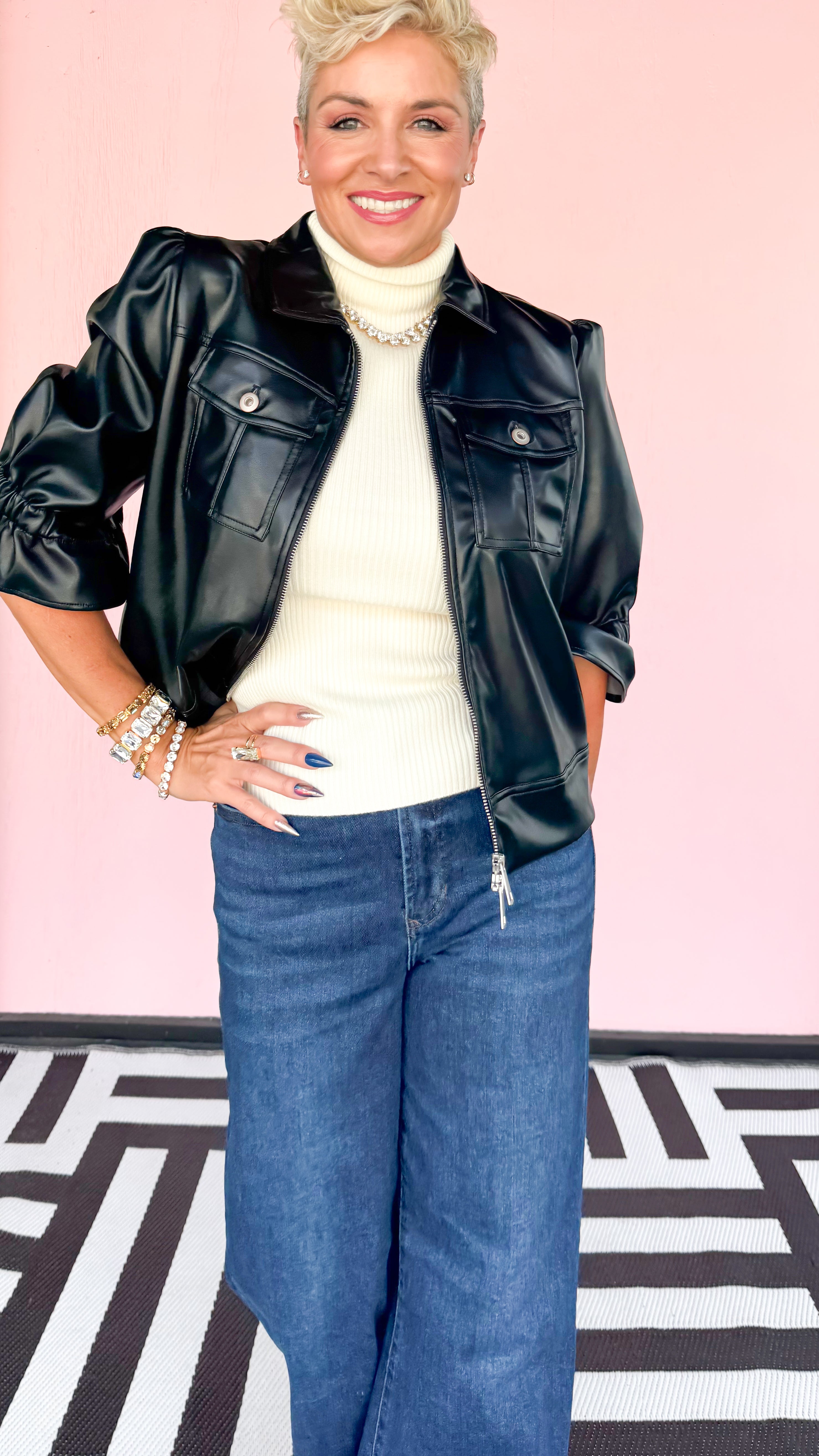 Vegan Leather Cropped Jacket 3/4 Sleeve