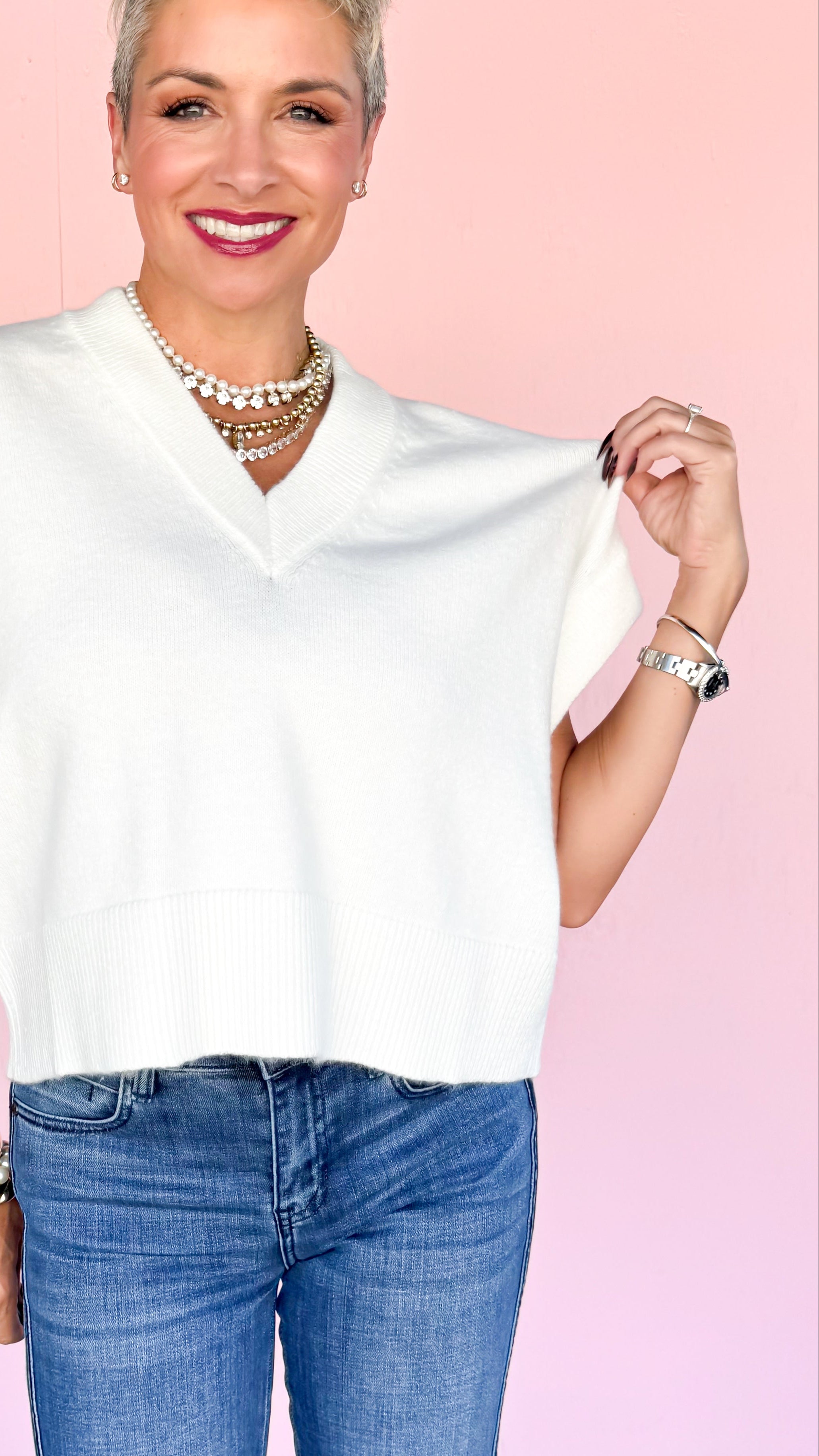V Neck Short Sleeve Sweater/Cream