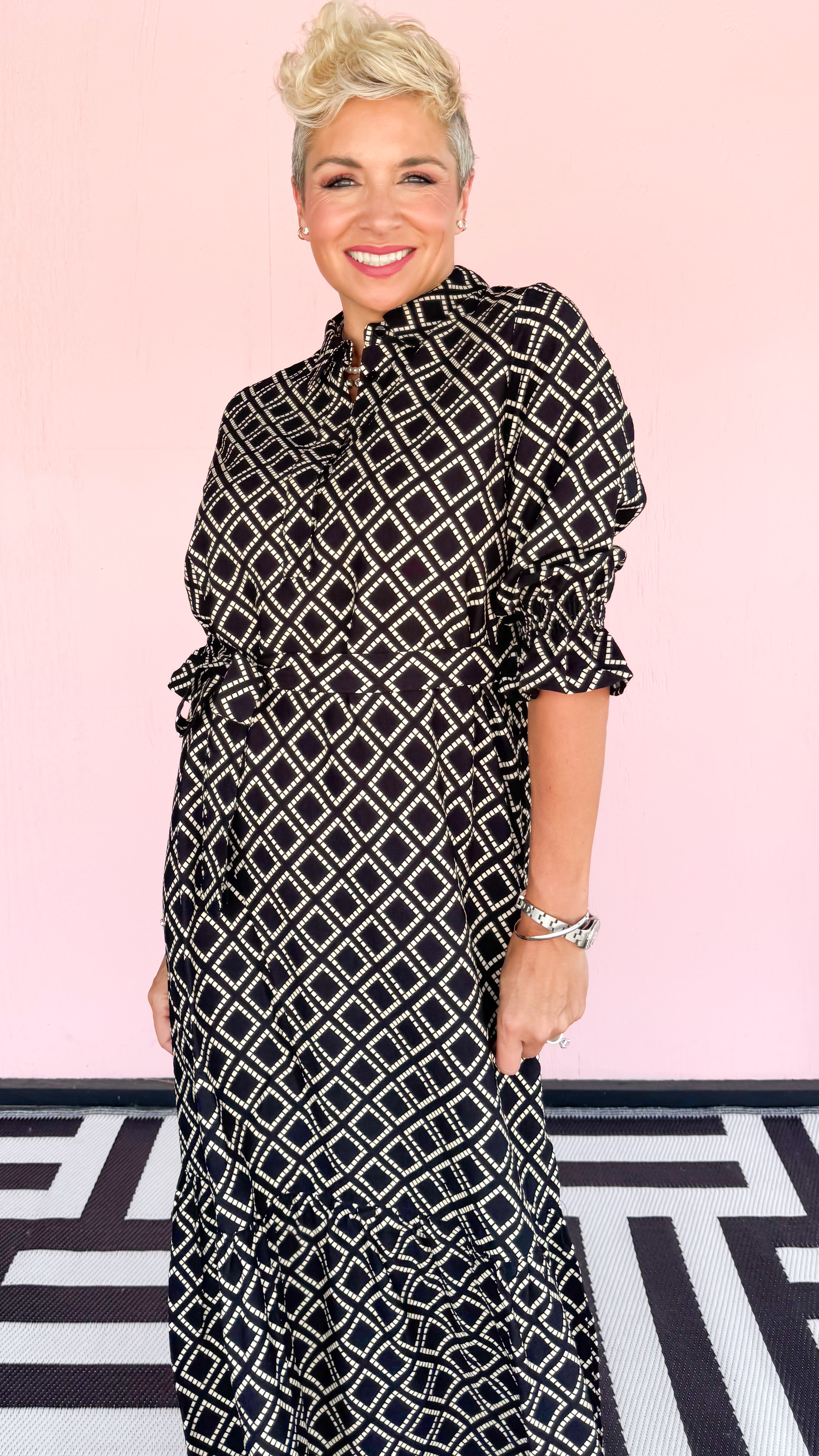 Diamond Print Midi Dress/Black