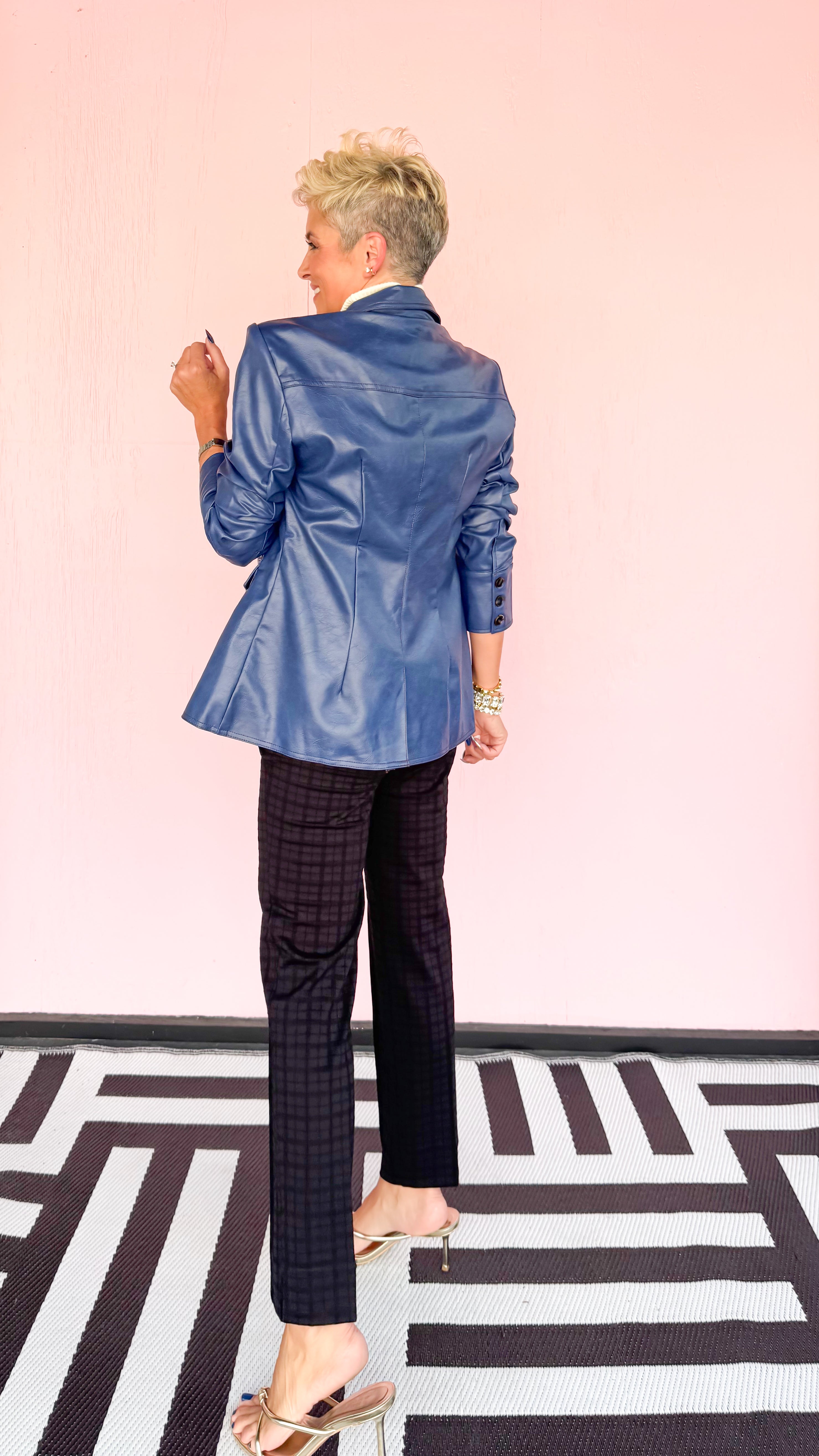 Vegan Leather Scrunched Sleeve Blazer/Blue