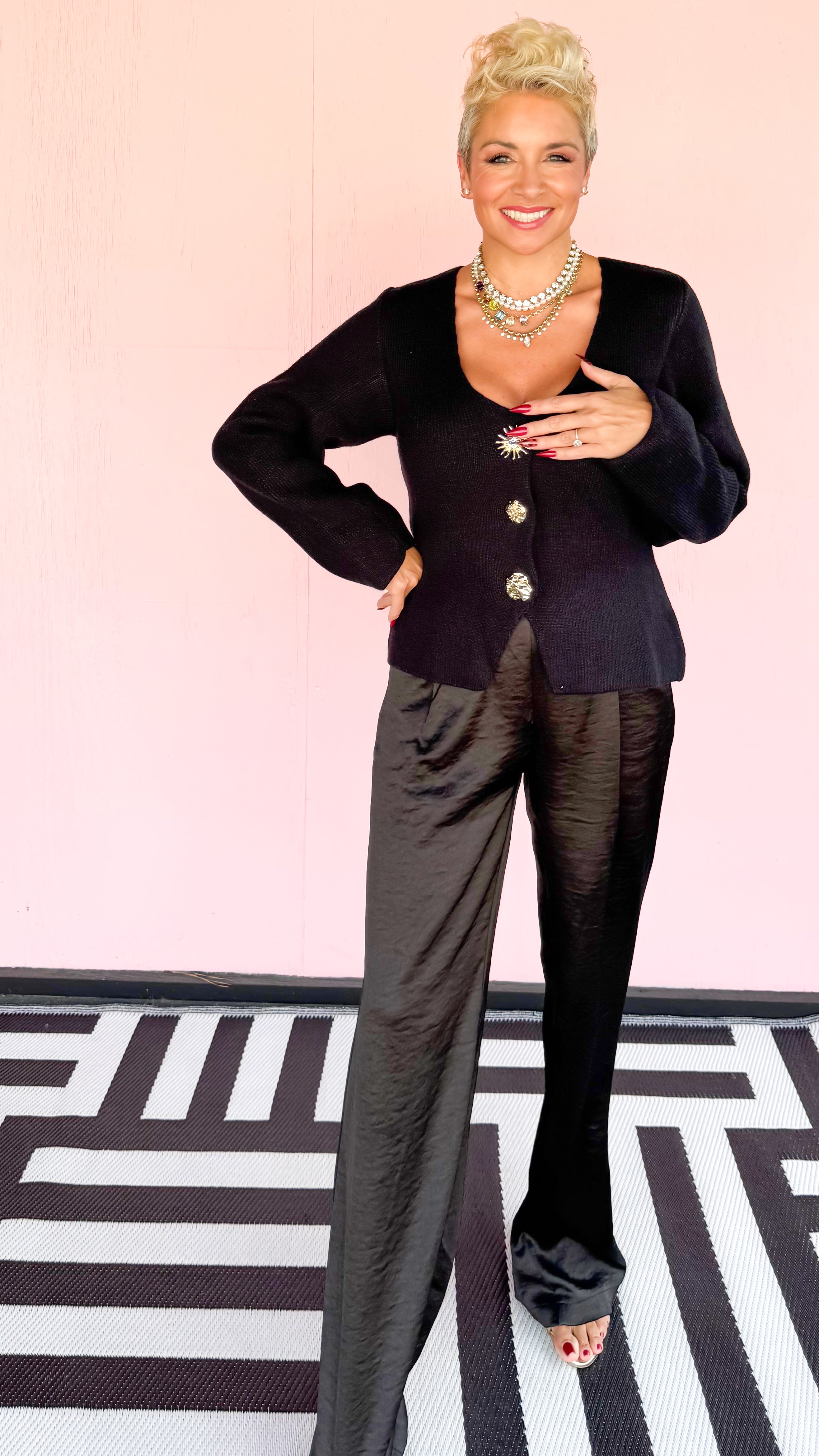 Satin Wide Leg Pull On Pants/Black