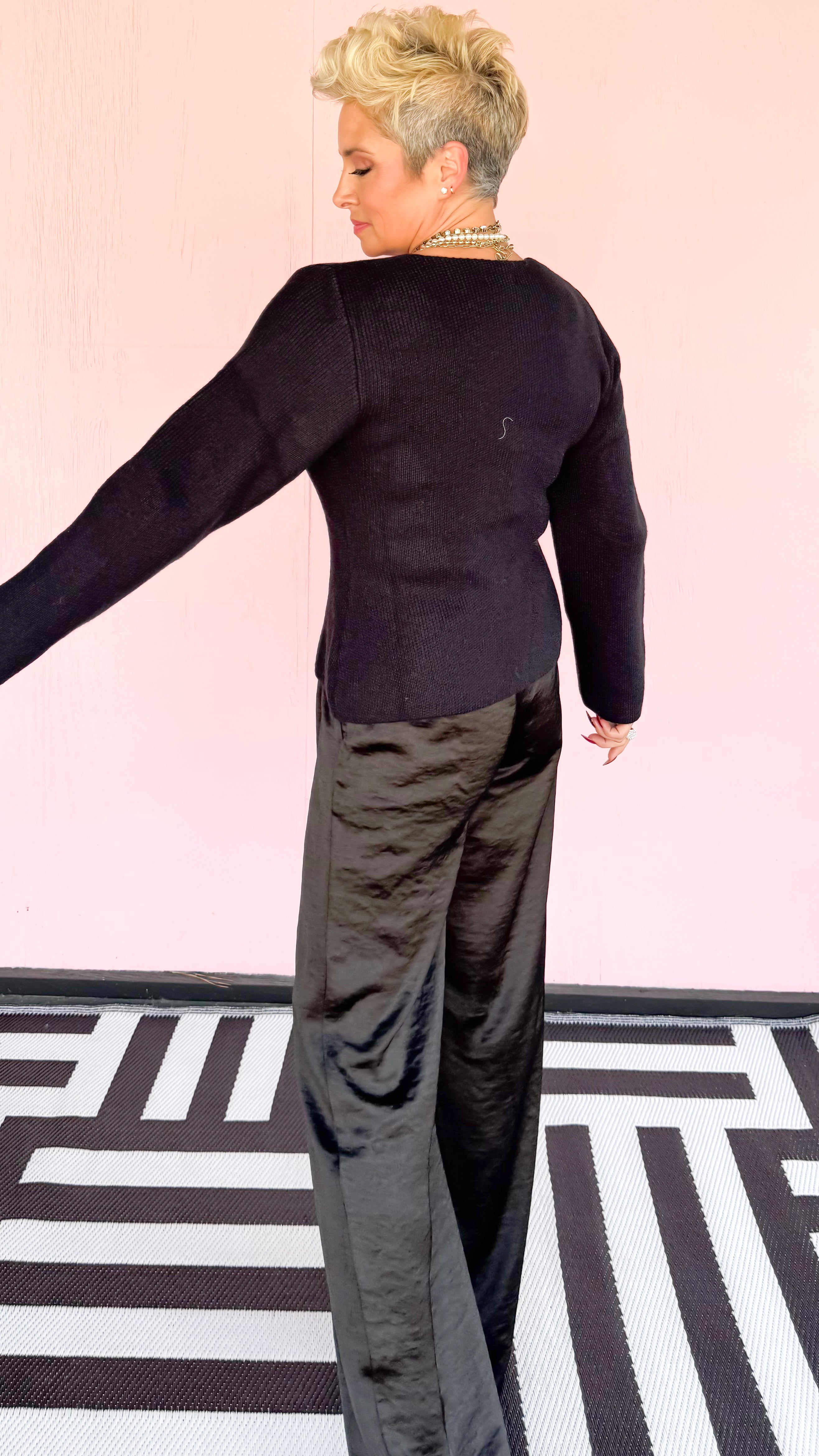 Satin Wide Leg Pull On Pants/Black