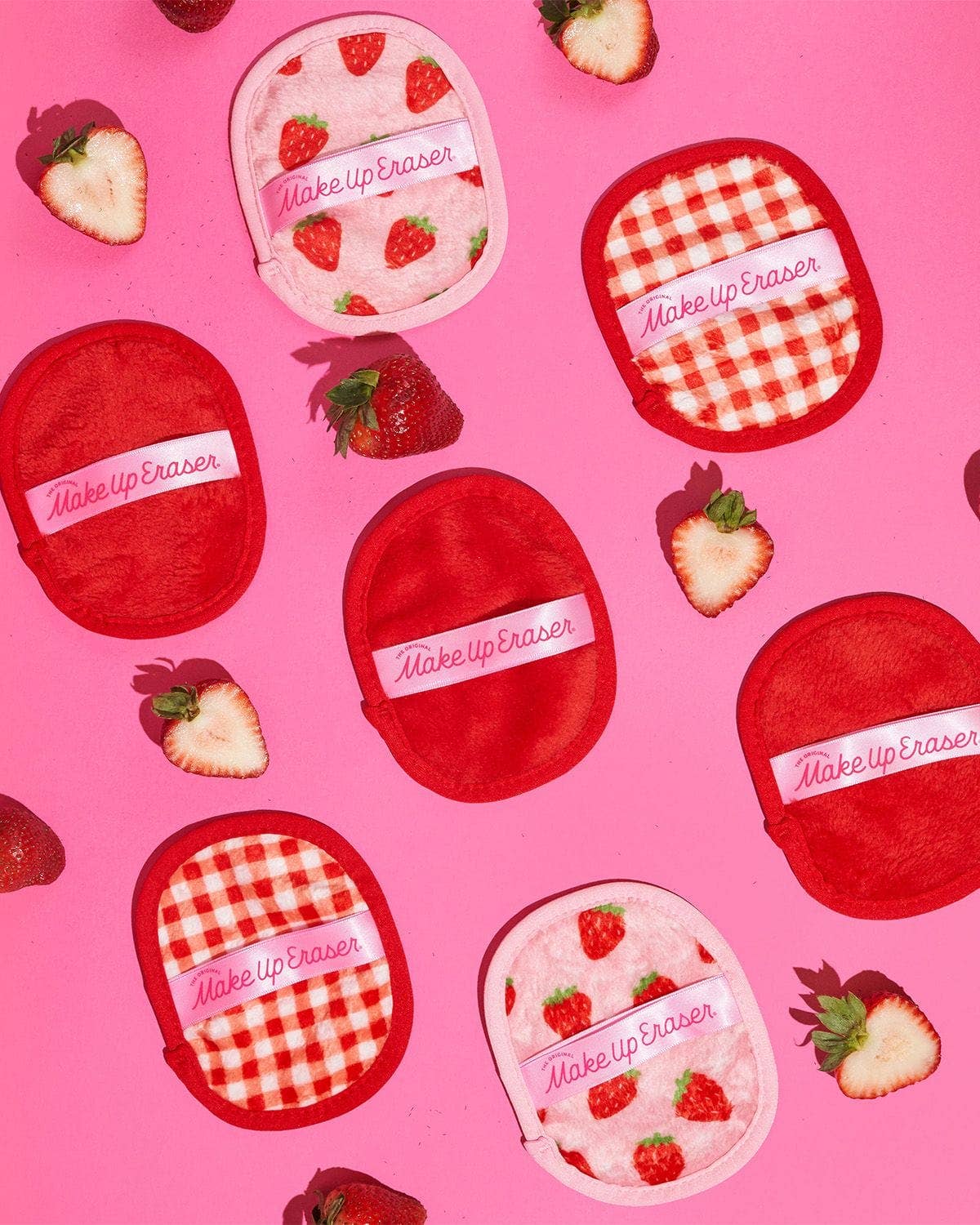 Makeup Eraser with strawberry design on a pink background