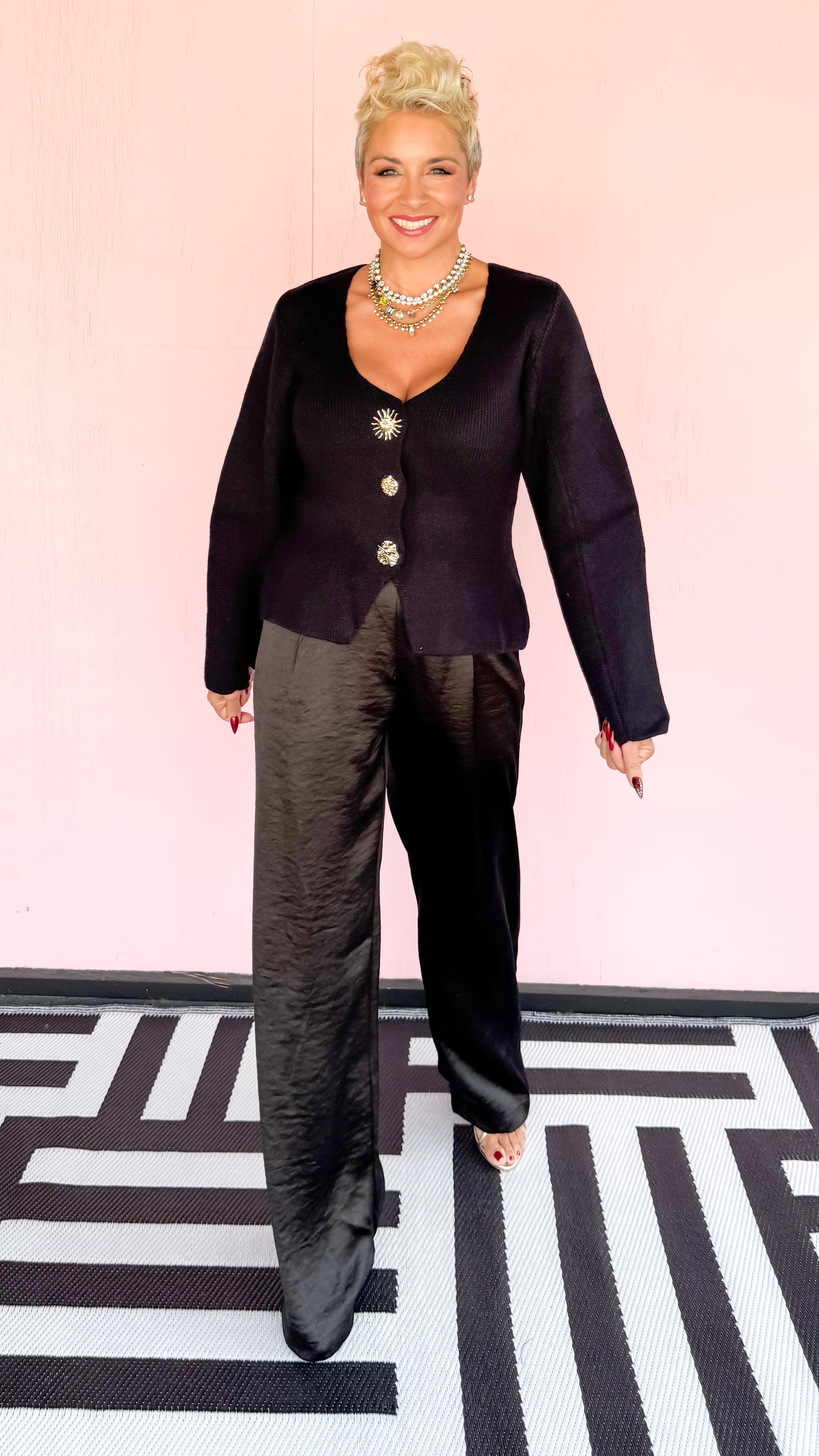 Satin Wide Leg Pull On Pants/Black