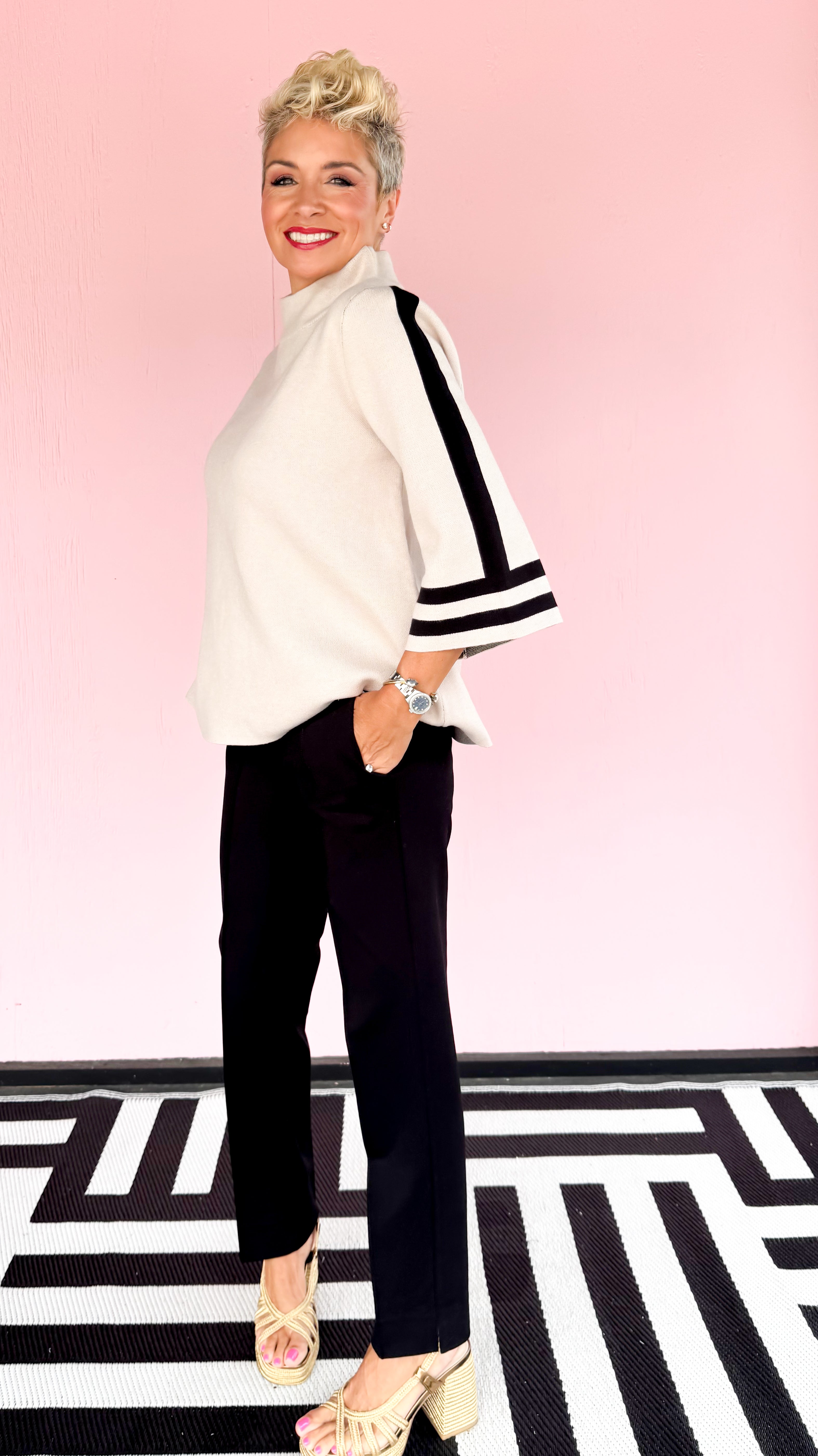 Striped Mock Neck Sweater/Sand