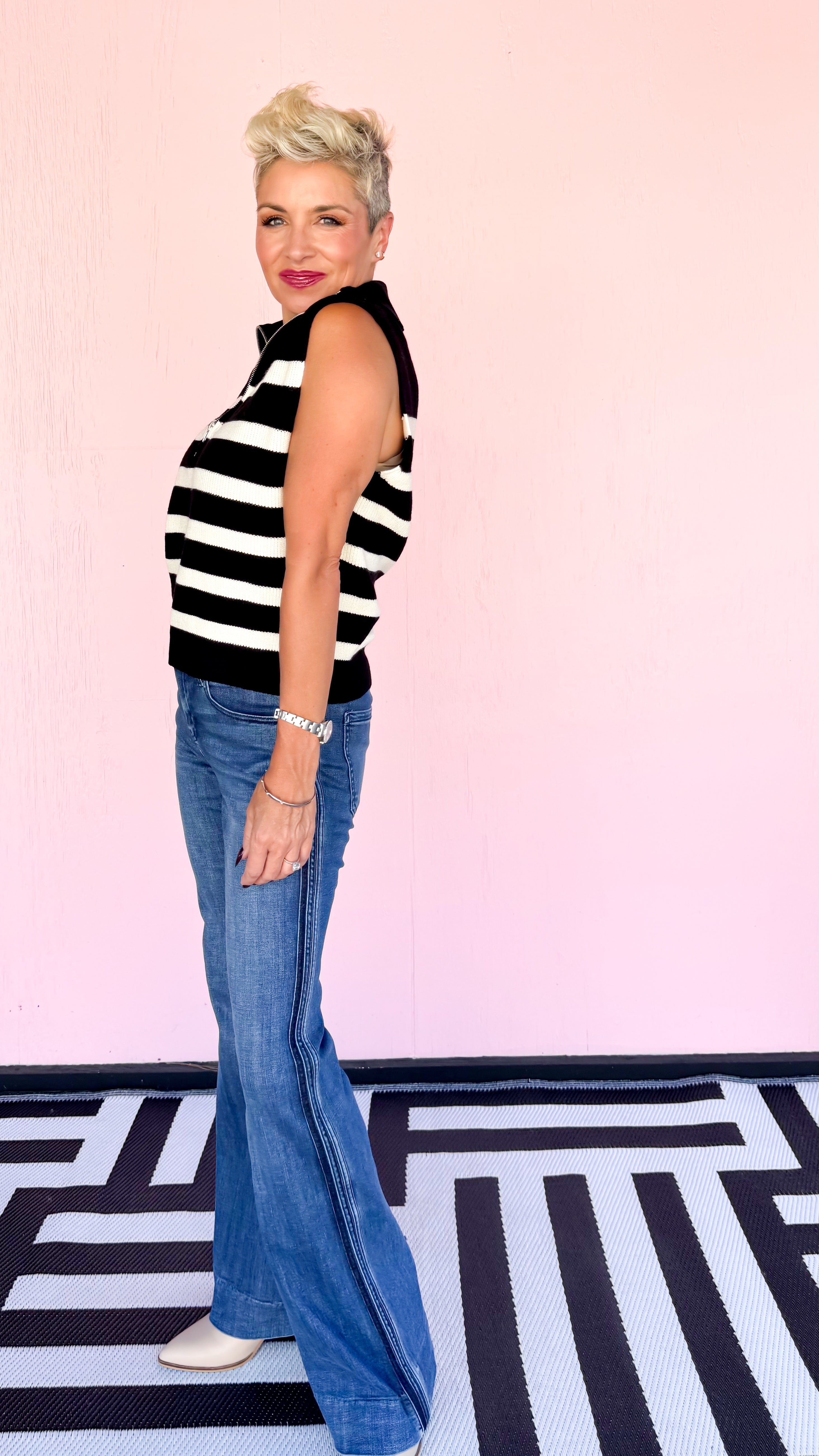 1/2 Zip Sleeveless Striped SweaterBlack