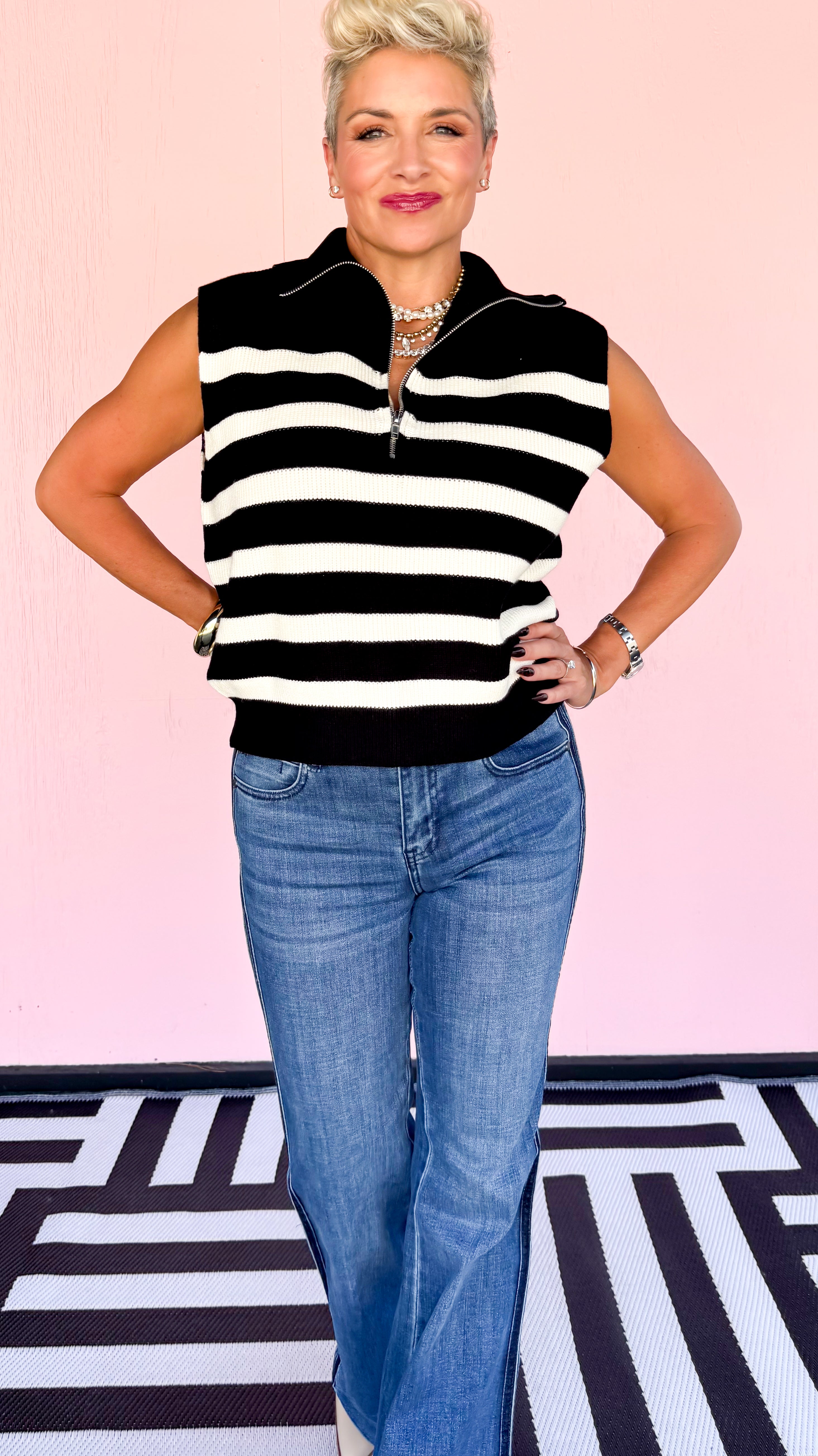 1/2 Zip Sleeveless Striped SweaterBlack
