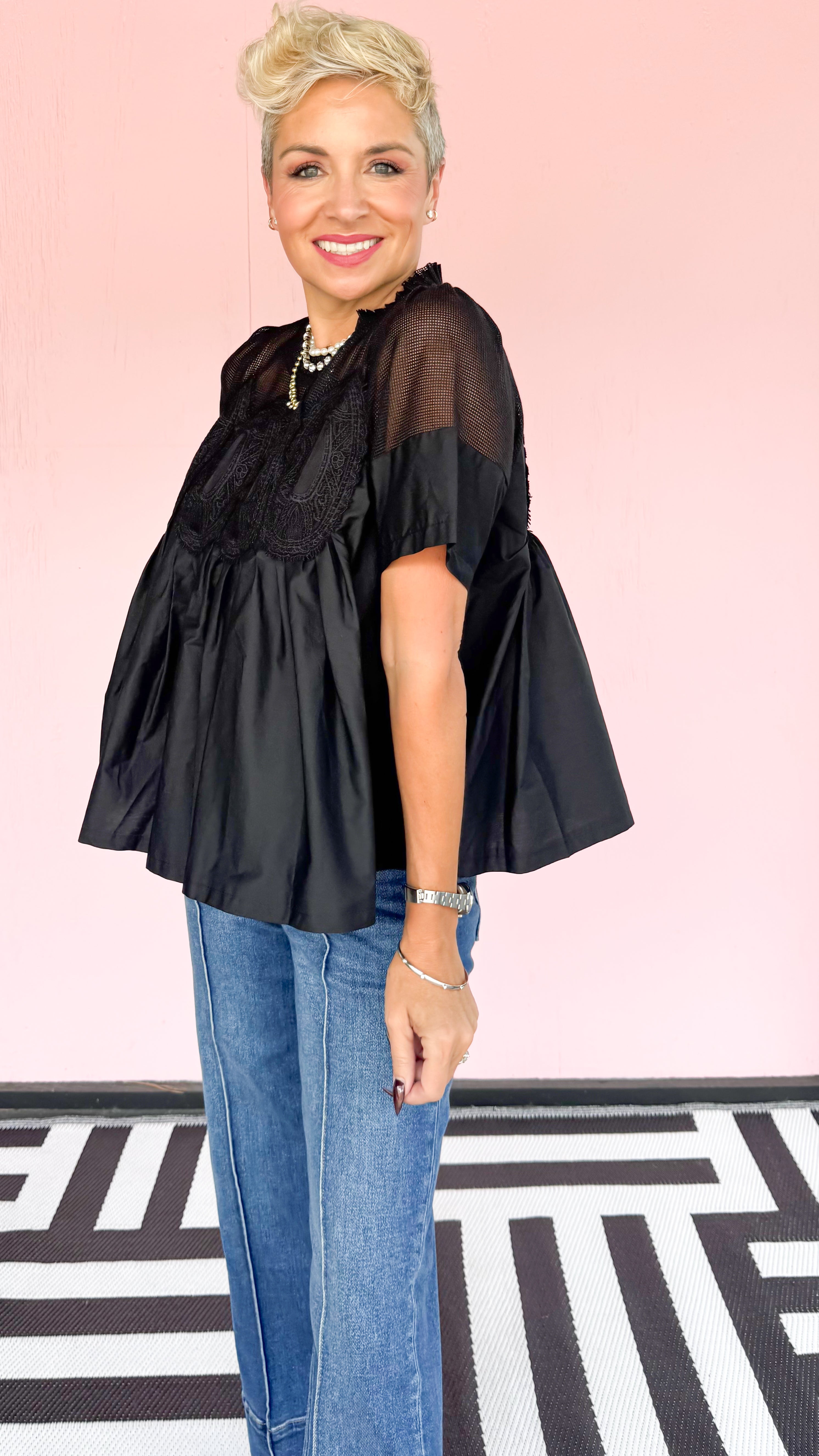 Donna Lace Detail Top/Black