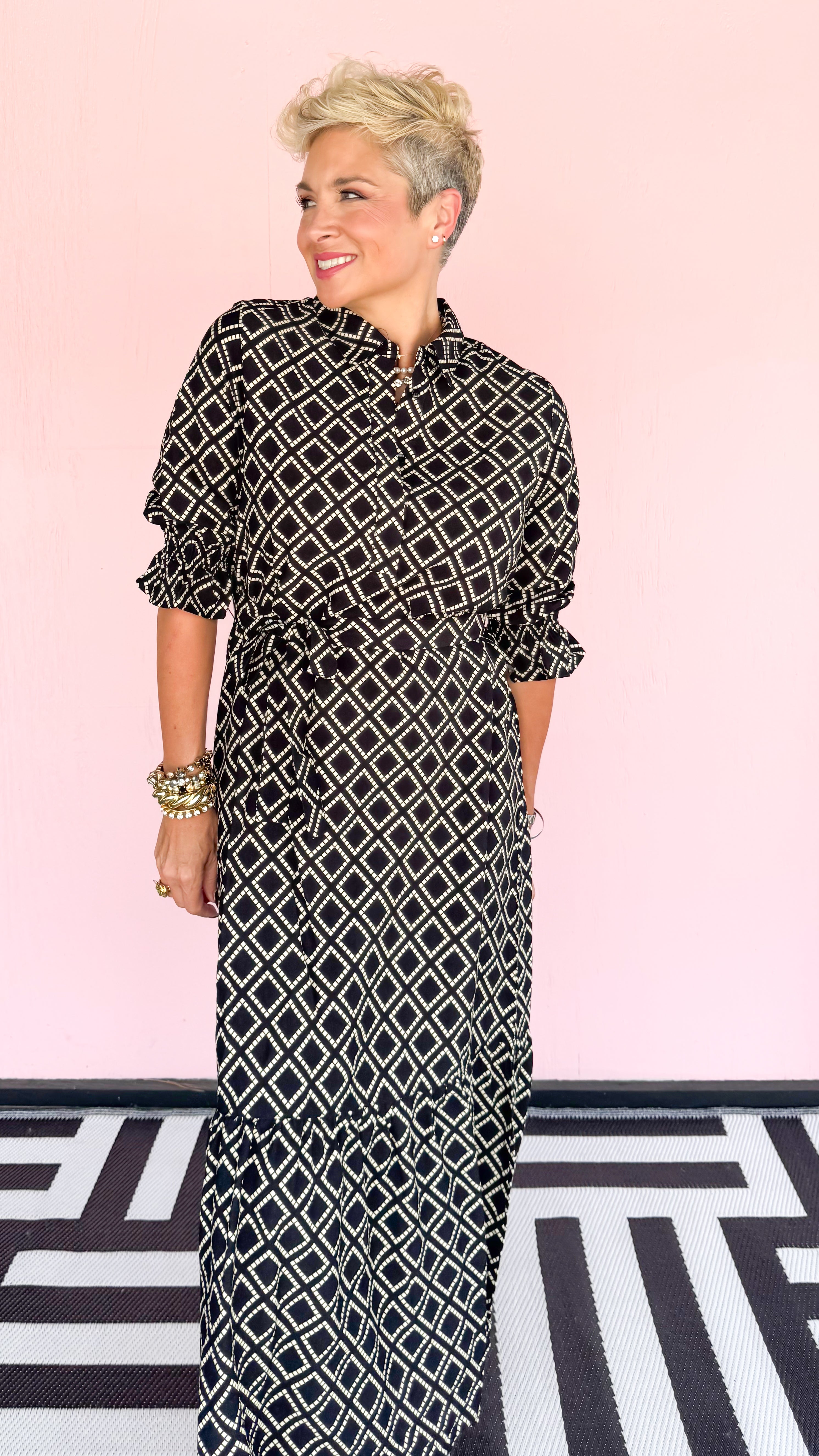 Diamond Print Midi Dress/Black