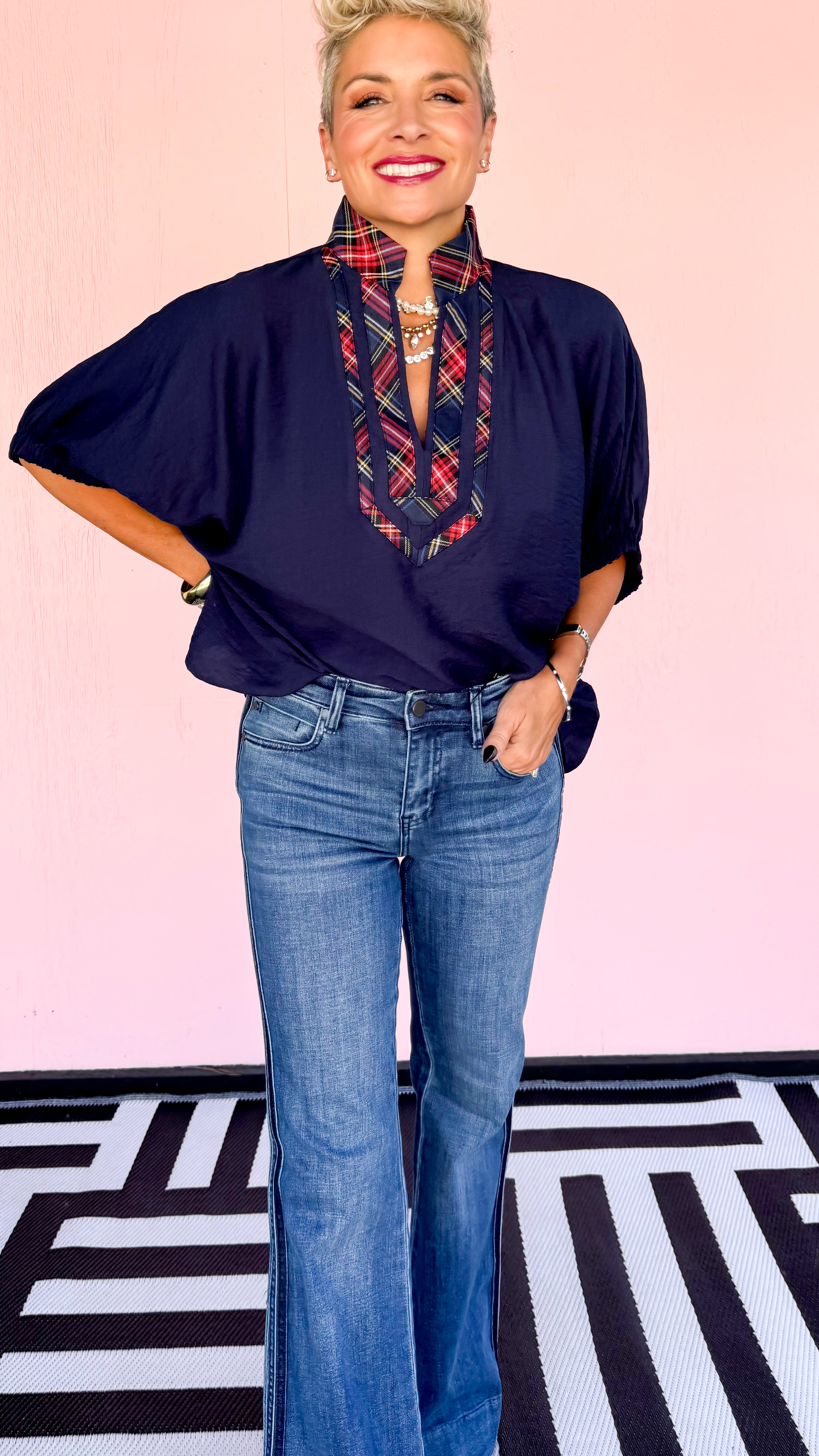 Tartan Trim Top/Navy