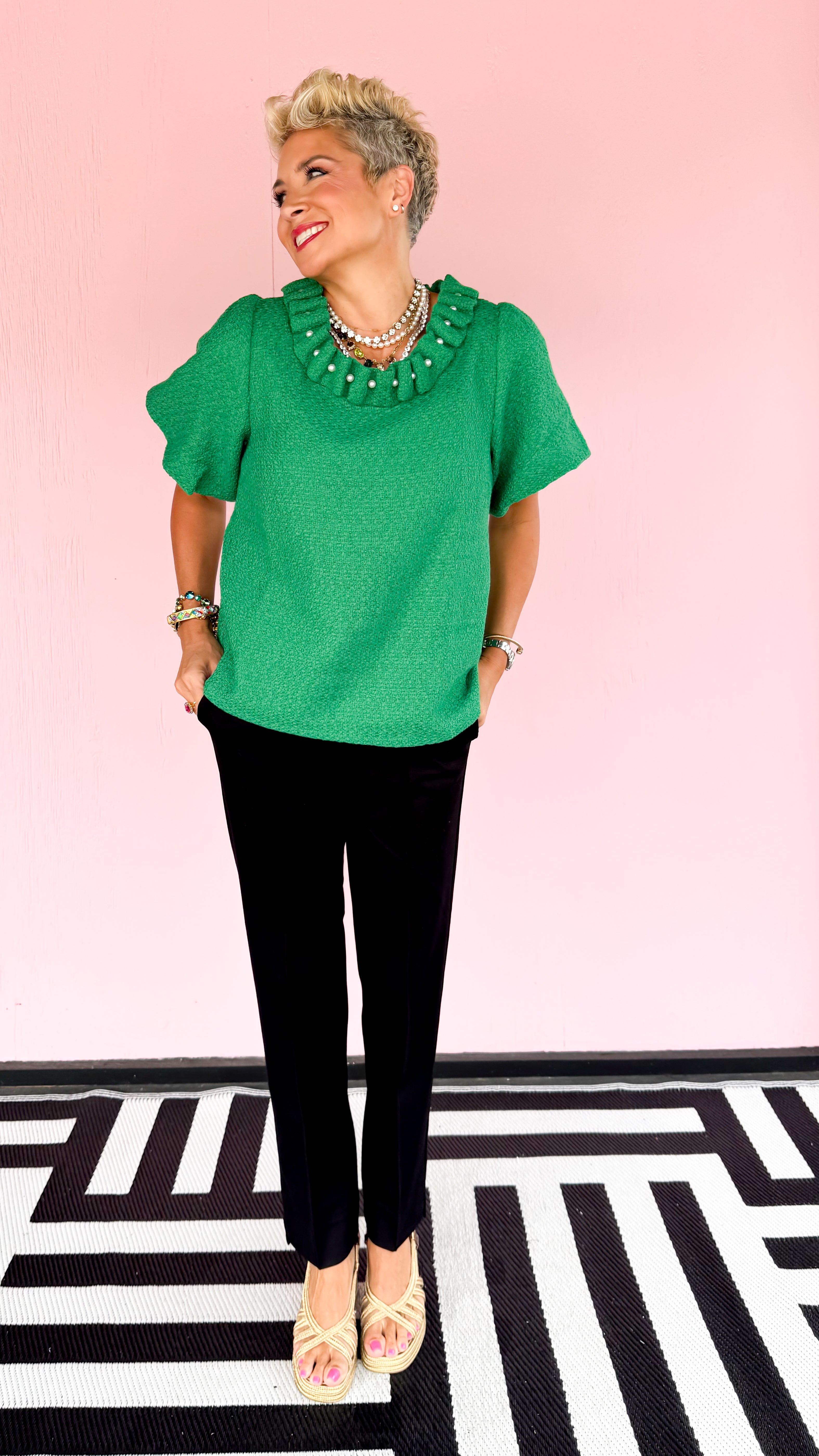 Laney Pearl Neckline Top/Green