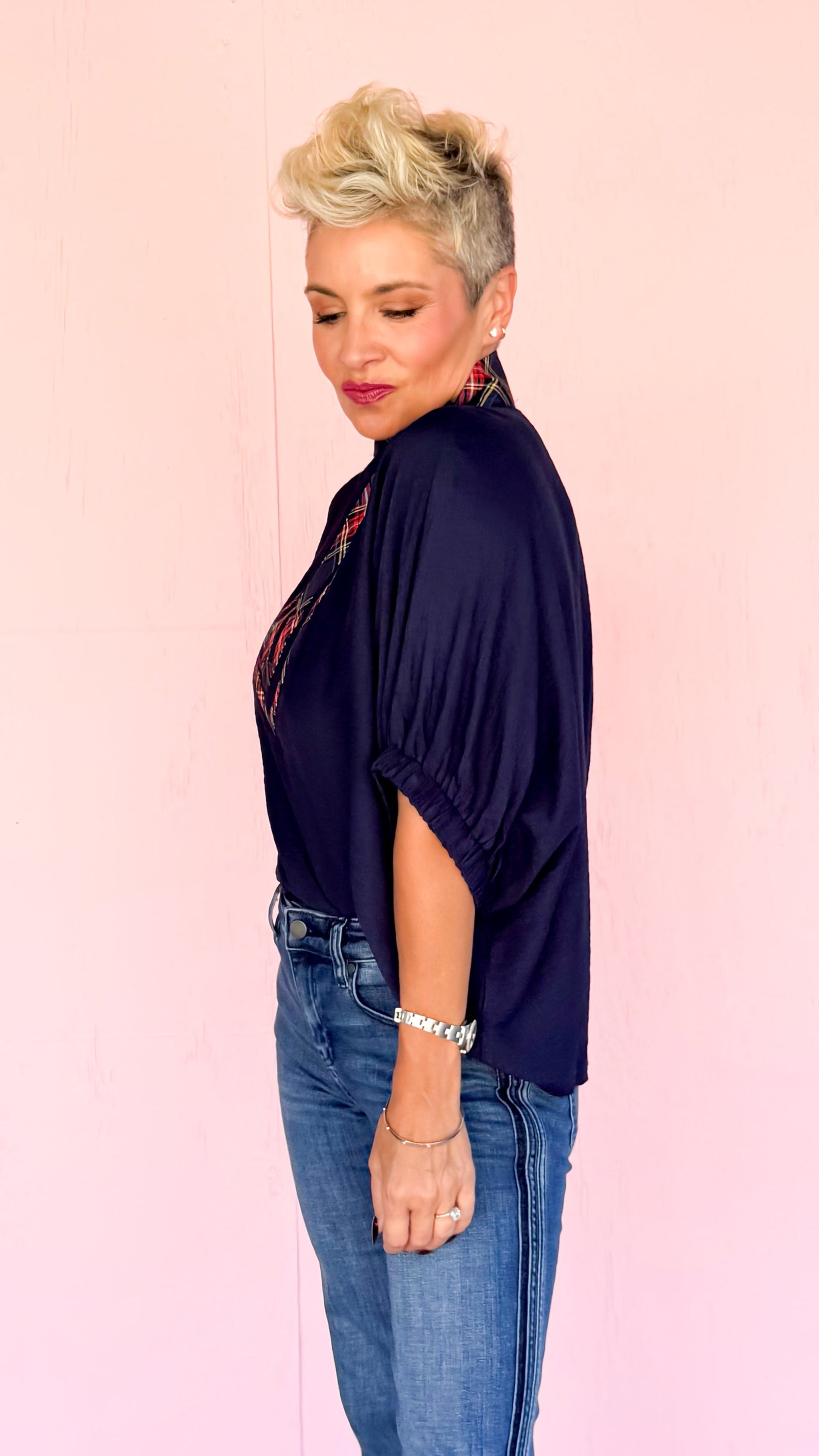 Tartan Trim Top/Navy